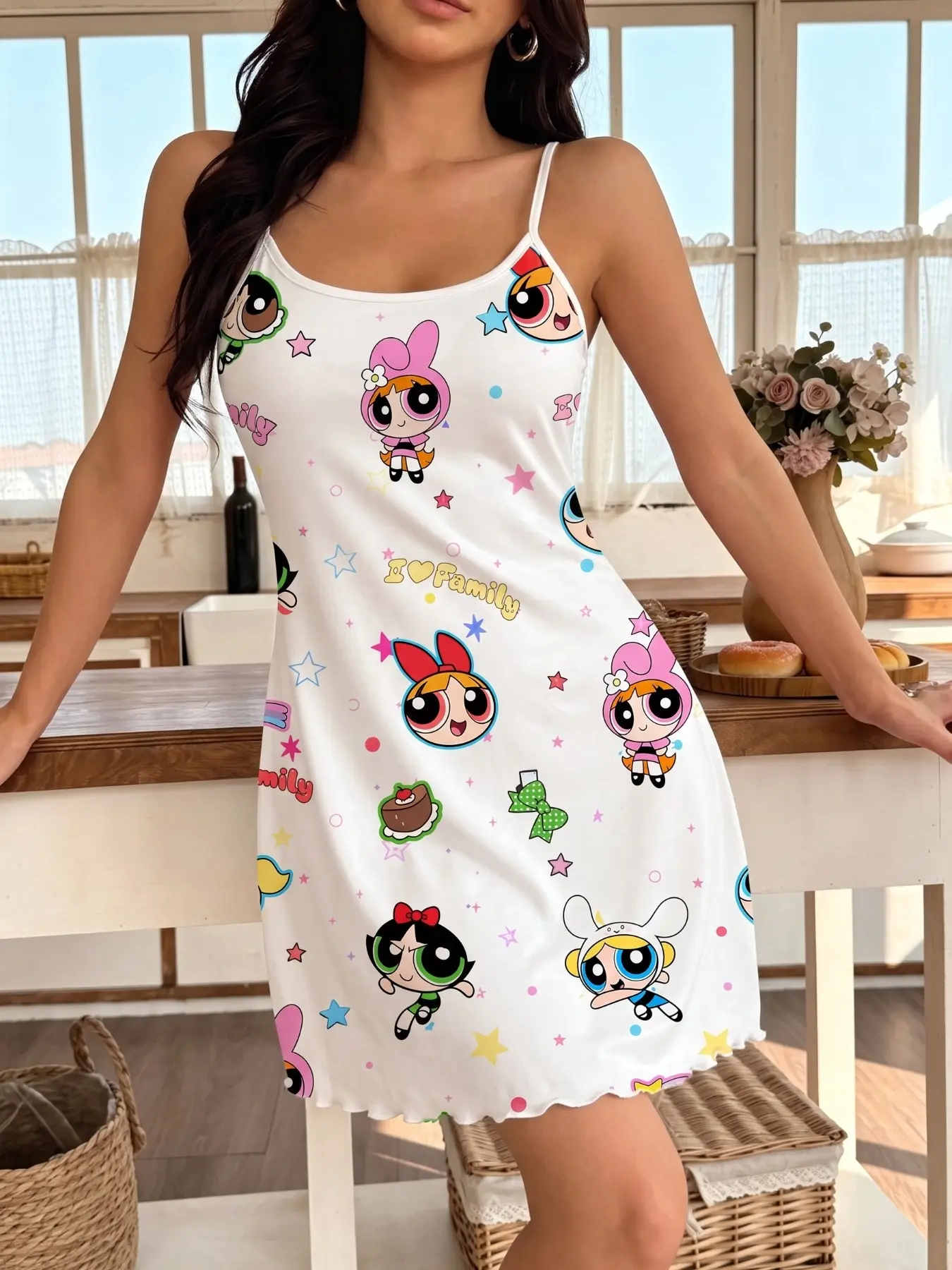 Women's Sleeveless Nightdress, Powerpuff Girls Print, Casual Loose-Fitting Sleepwear, Ideal for Home & Leisure Use, Loungewear