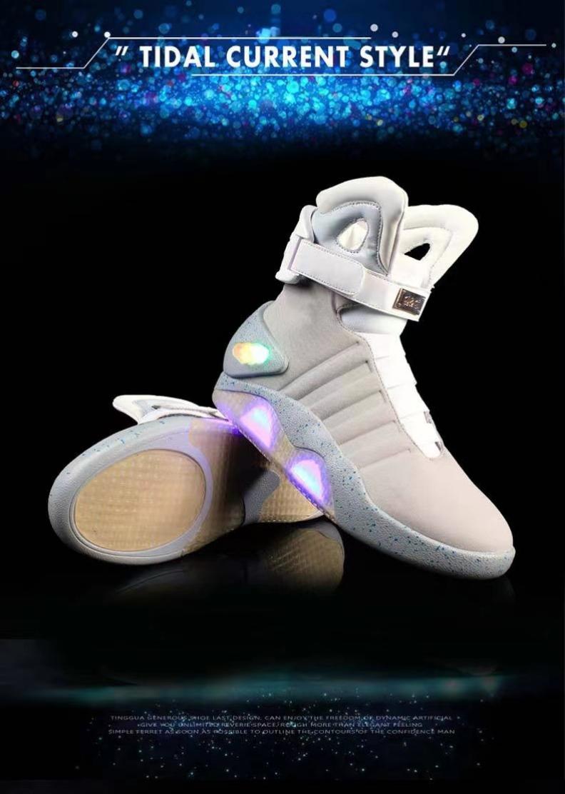 Stylish White USB-Rechargeable Glow-in-the-Dark High-Top Sneakers with Neon Lights & Stripes for Street Dancing & Nighttime Exercise back  to  the  future  shoes
