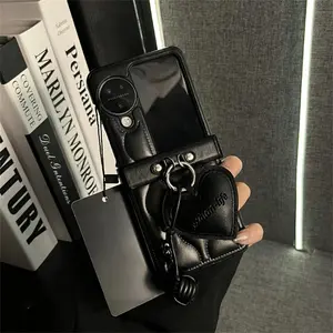 Senior Luxury Korean Down Jacket Texture Black Phone Case with Love Ball Pendant for OPPO Find N2 FliP Find N3 Flip Back Cover