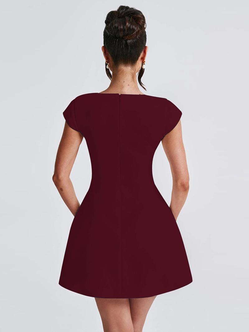 Women's Plain Square Neck A Line Dress, Elegant Formal Cap Sleeve Short Dress for Party Holiday Wedding Guest, Ladies Fall Clothes