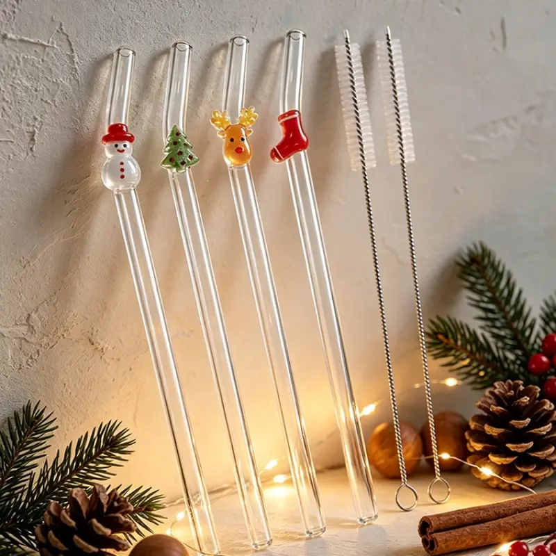 4Pcs Reusable Glass Straws with 2Pcs Cleaning Brushes, Transparent Straw for Coffee Milkshake, Christmas Party Decorative Straws, Drinkware Accessory