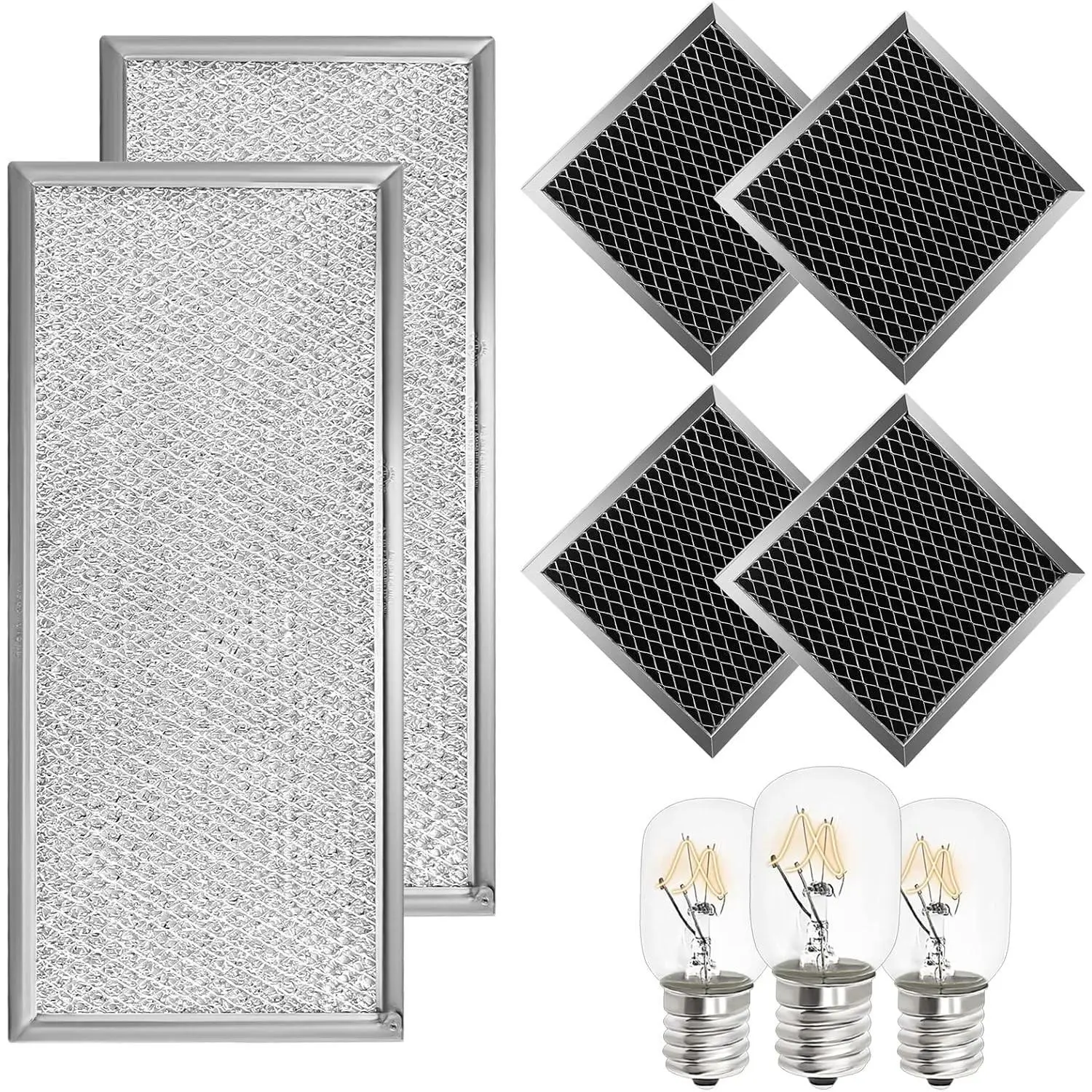 W10208631A Microwave Grease Filter Approx 13" x 6" (2-Pack) & 8206230A Microwave Charcoal Filter (4-Pack) & 8206232A Microwave Light Bulb (3-Pack)