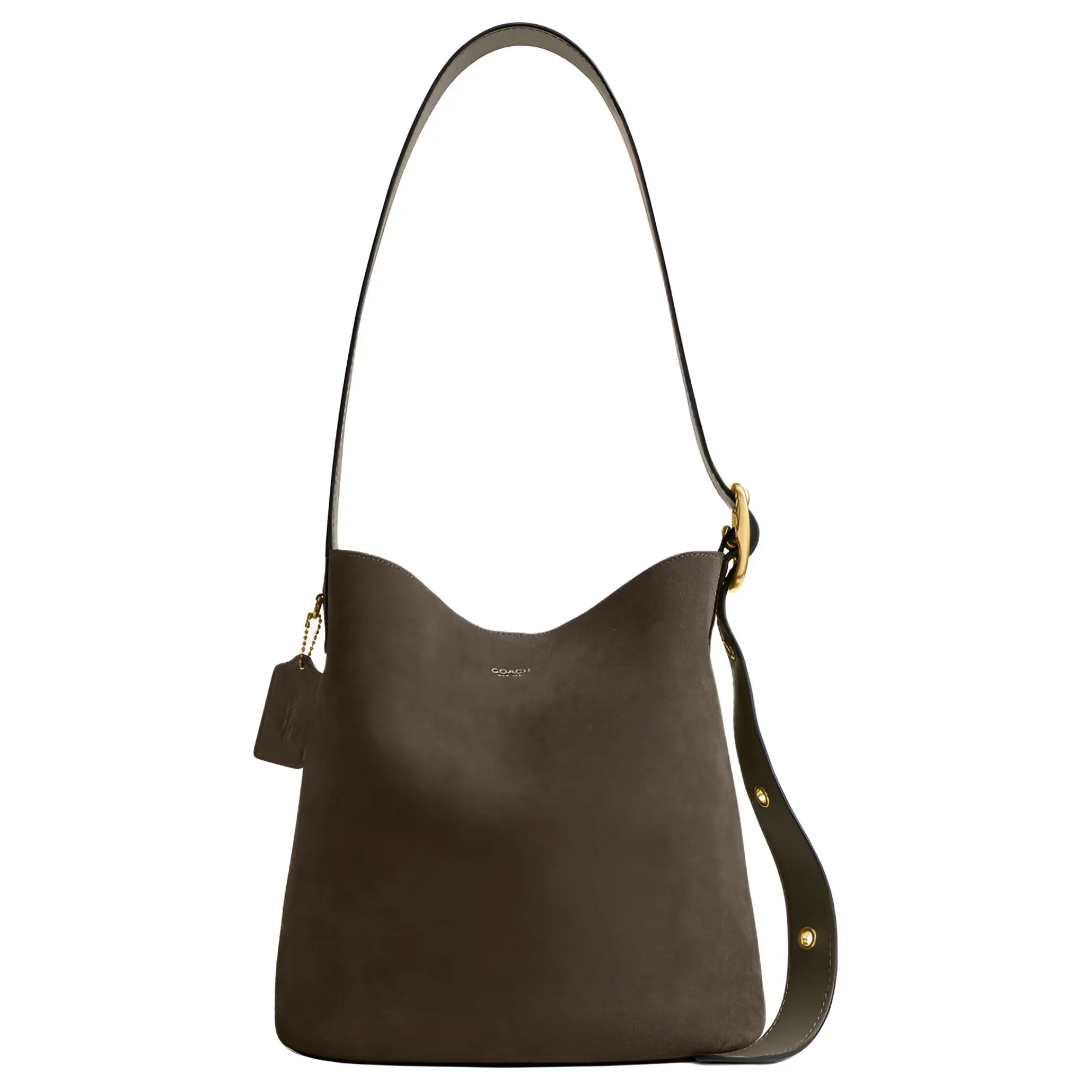 COACH Bleecker 28 Leather Bucket Bag for Women, Metallic Logo Hardware, Oversized Shoulder Style in Olive Green