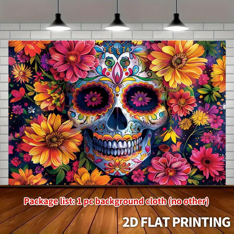1pc Large Sugar Skull Floral Party Banner - Vibrant Mexican Day of the Dead Decoration with Floral Patterns, Extra Long Backdrop for Halloween, Dia de los Muertos, Wedding, Birthday, Home Decor - Easy Hang No Electricity Needed - Durable Polyester Fabric,