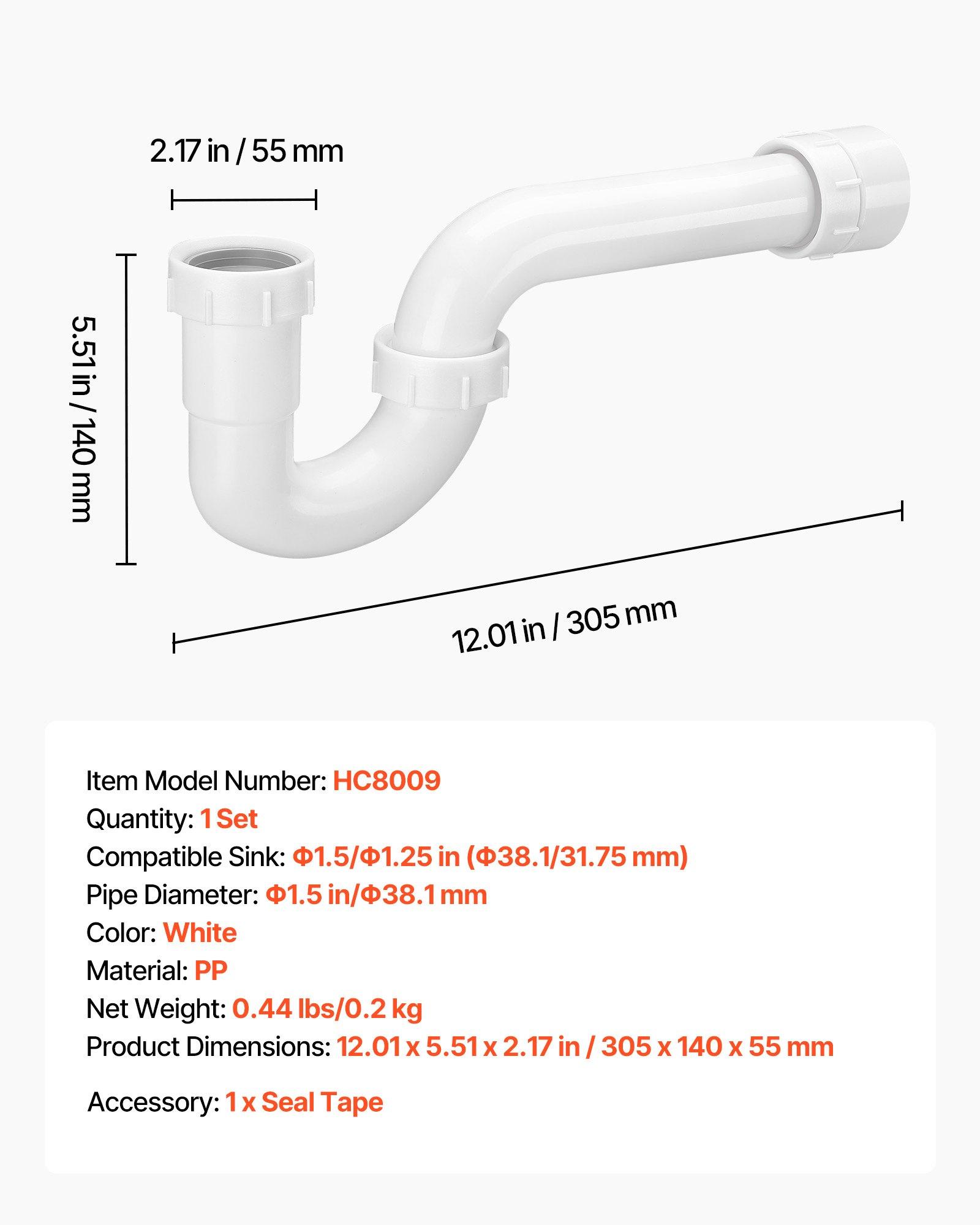 VEVOR P-Trap, 1-1/2 Inch P Trap Sink Drain Pipe Kit with Threaded Adapter and TPU Leak-Resistant Washers, PP Plastic Pipe Basin Waste Kit, Under Sink Plumbing for Kitchen Bathroom Sewer Drain, White