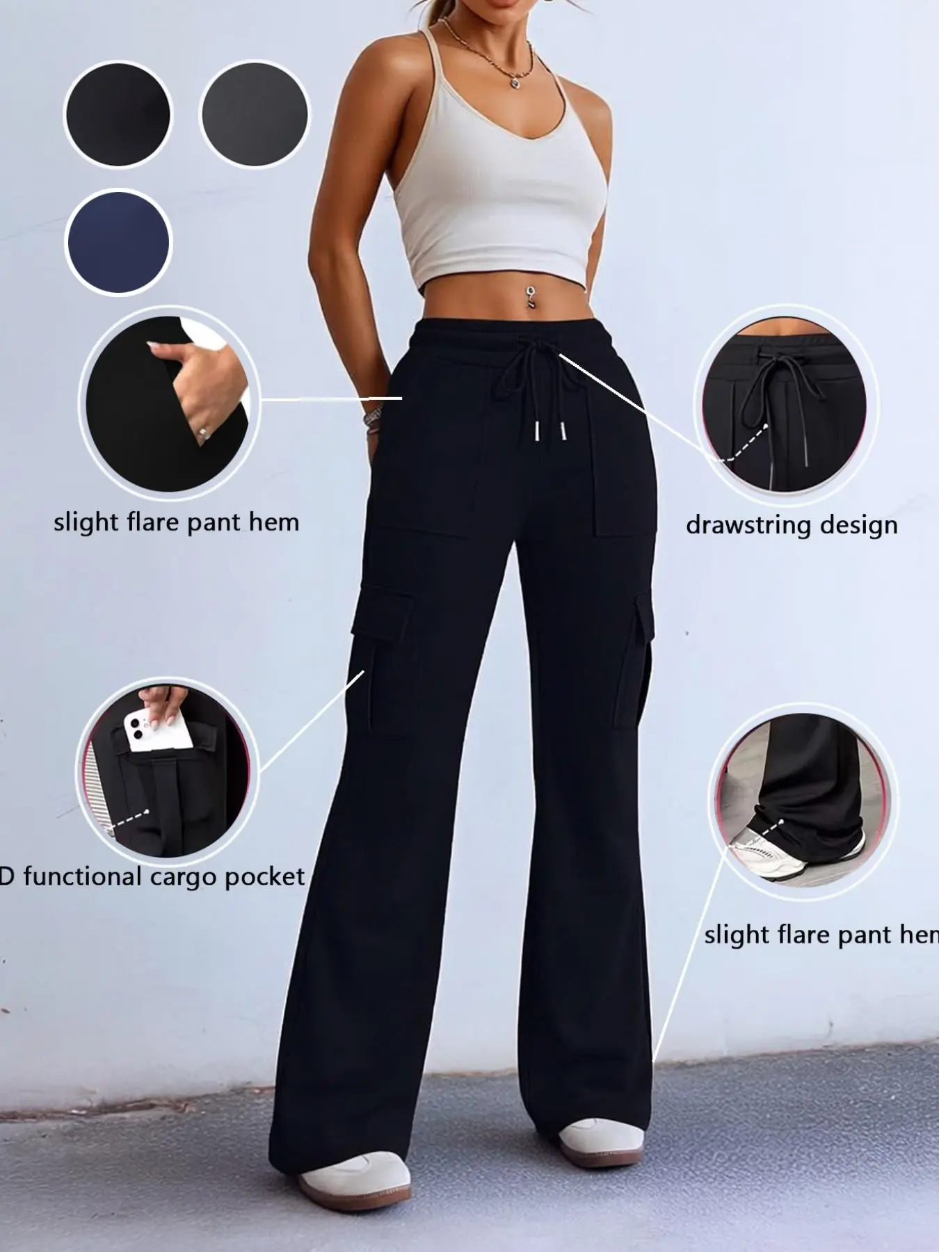 New Women's Plain Cargo Pants, Casual Fit Trousers, Casual, Slim-Fitting, Adjustable, Breathable, Elastic, Loose Straight Leg, Suitable for Daily Wear, Outdoor Activities, Sports