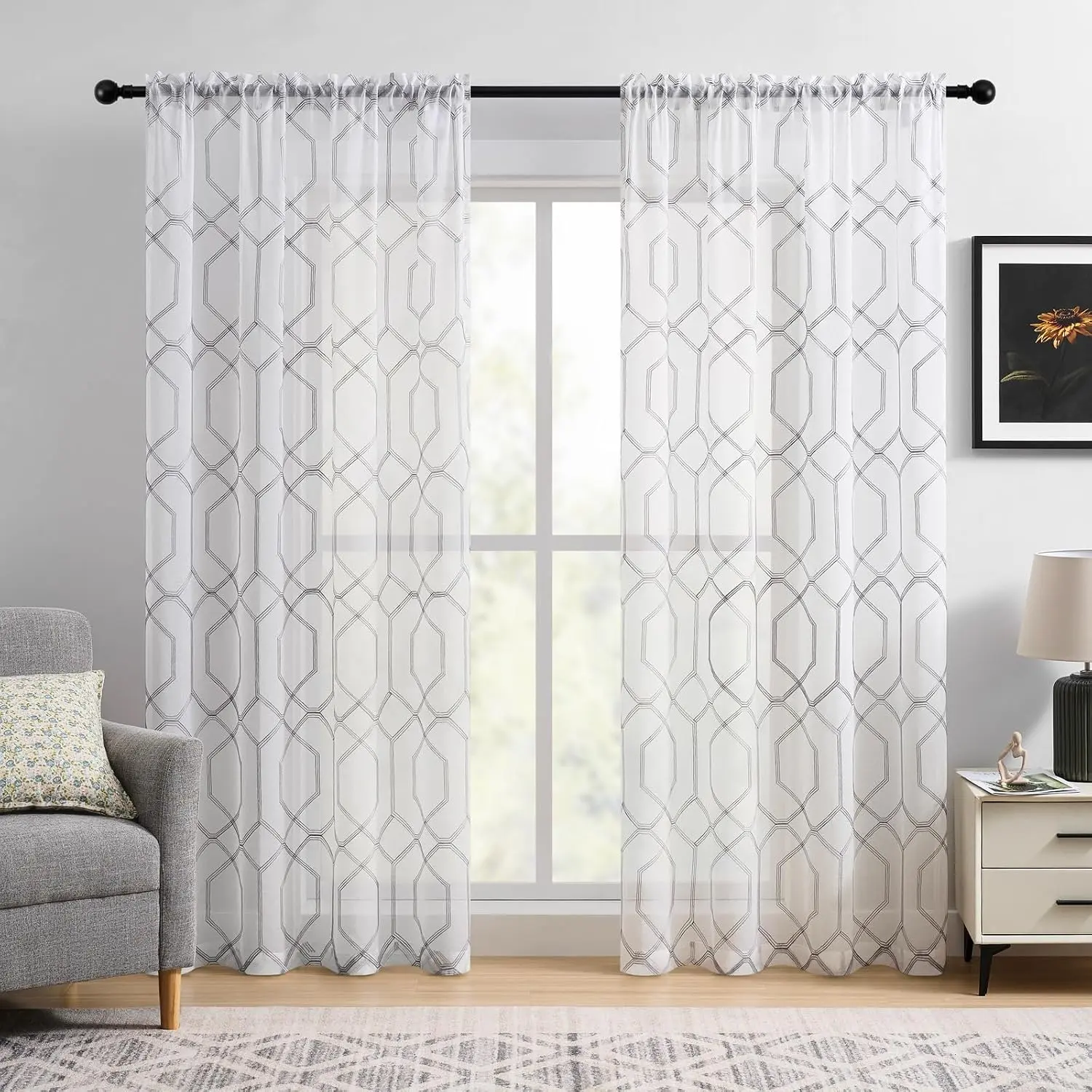 Geometric Sheer Curtains Gray Hexagonal Embroidered Sheer Curtains for Bedroom Living Room Light Filtering Rod Pocket Moroccan Trellis Window Drapes, 2 Panels,Home & Kitchen