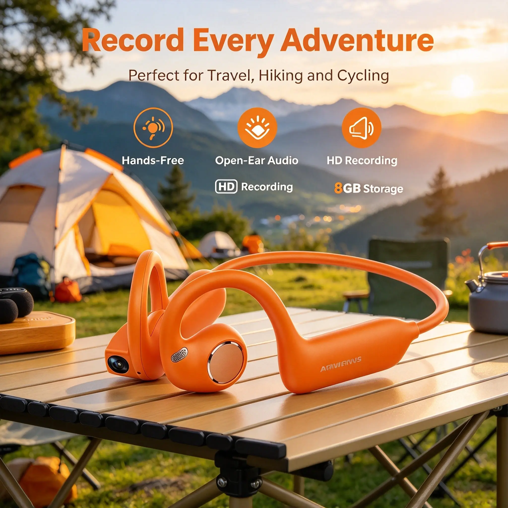 Record and listen at the same time. Head-mounted AI wearable camera with HD recording and bone conduction earphones. Hands-free for hiking & cycling, AI Q&A and 8GB local storage.