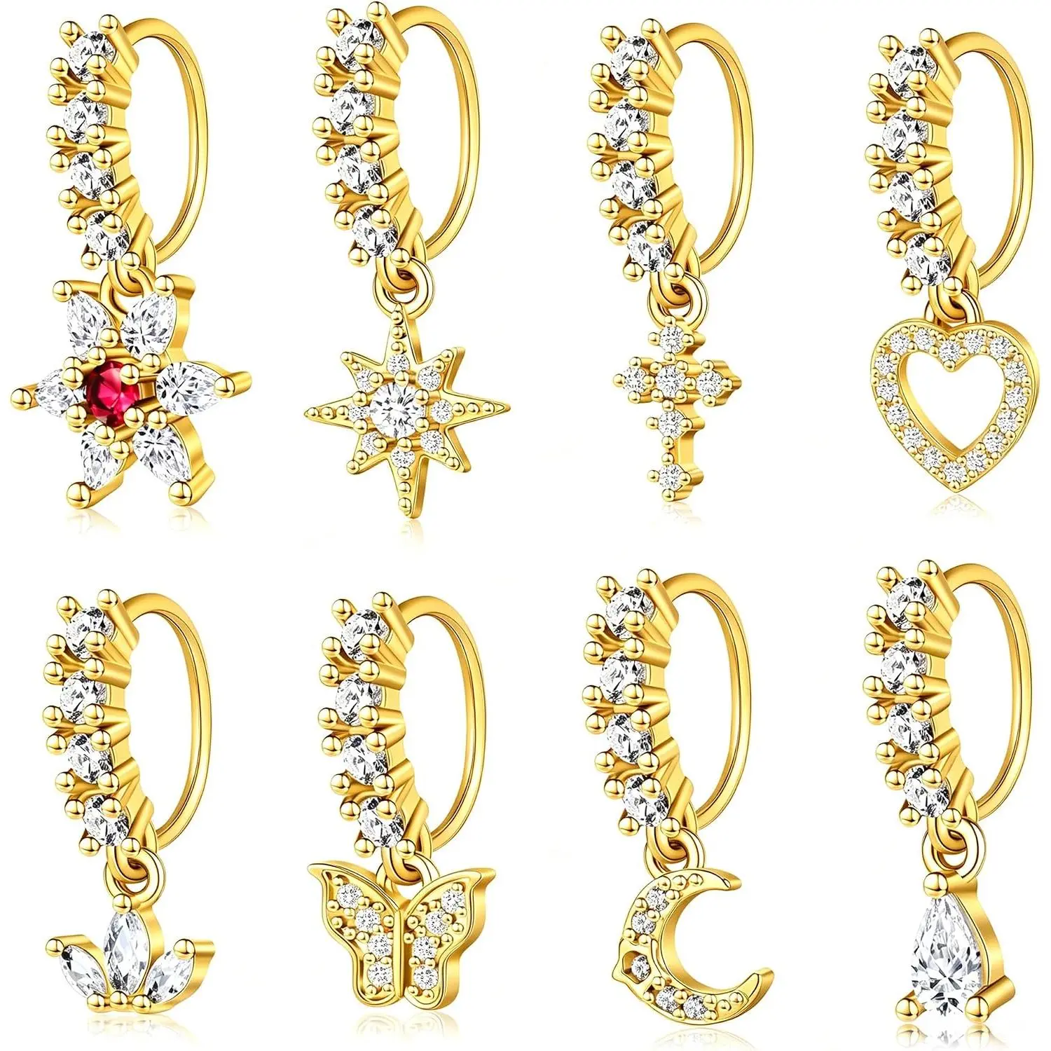 Nose Rings Hoop for Women, Surgical Steel |   Septum Nose Piercing Jewelry, CZ Flower Leaf Star Butterfly, Cartilage Earring, Daith Tragus Helix Lip Piercing