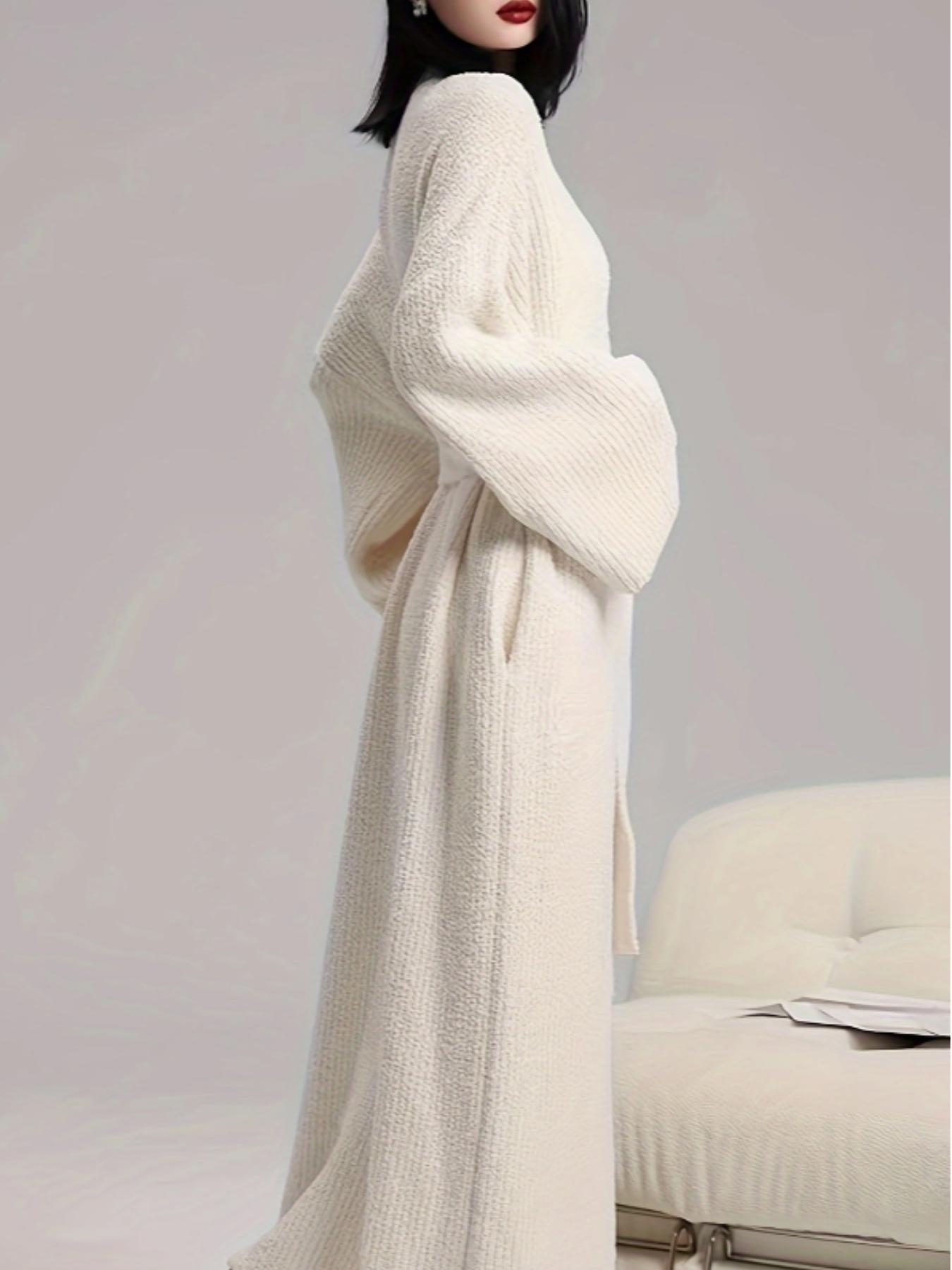 【COZY Soft Plush Feel】Women's Solid Color Thickened  Thermal Lined Long Sleeve Drop Shoulder Bathrobe, Loose Casual Soft Comfortable Thermal Warm Pocket Belted V Neck Dressing Gown for Women, Ladies Sleepwear for Winter