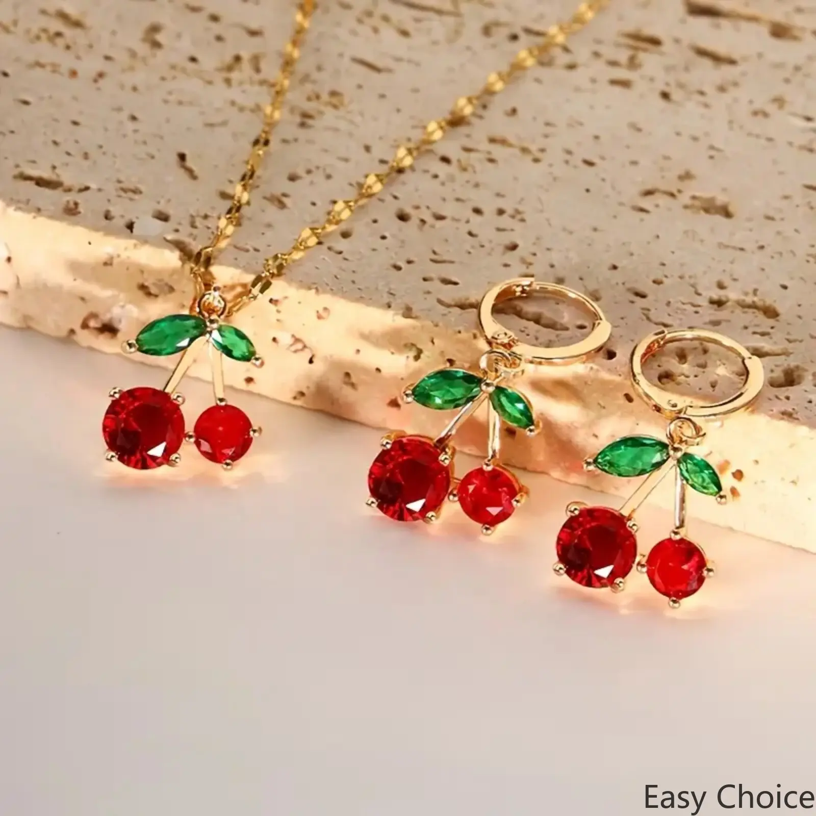 1 Set Cute Style Necklace & Earrings Set, Exquisite Red Cherry Design, Light Luxury Elegant FashionJewelry Accessories, Suitable for Gifts, Daily Wear, Gatherings, Parties, Festivals. Birthday Gift forDaughter, Girlfriend, Mom, Valentine's Day Gift