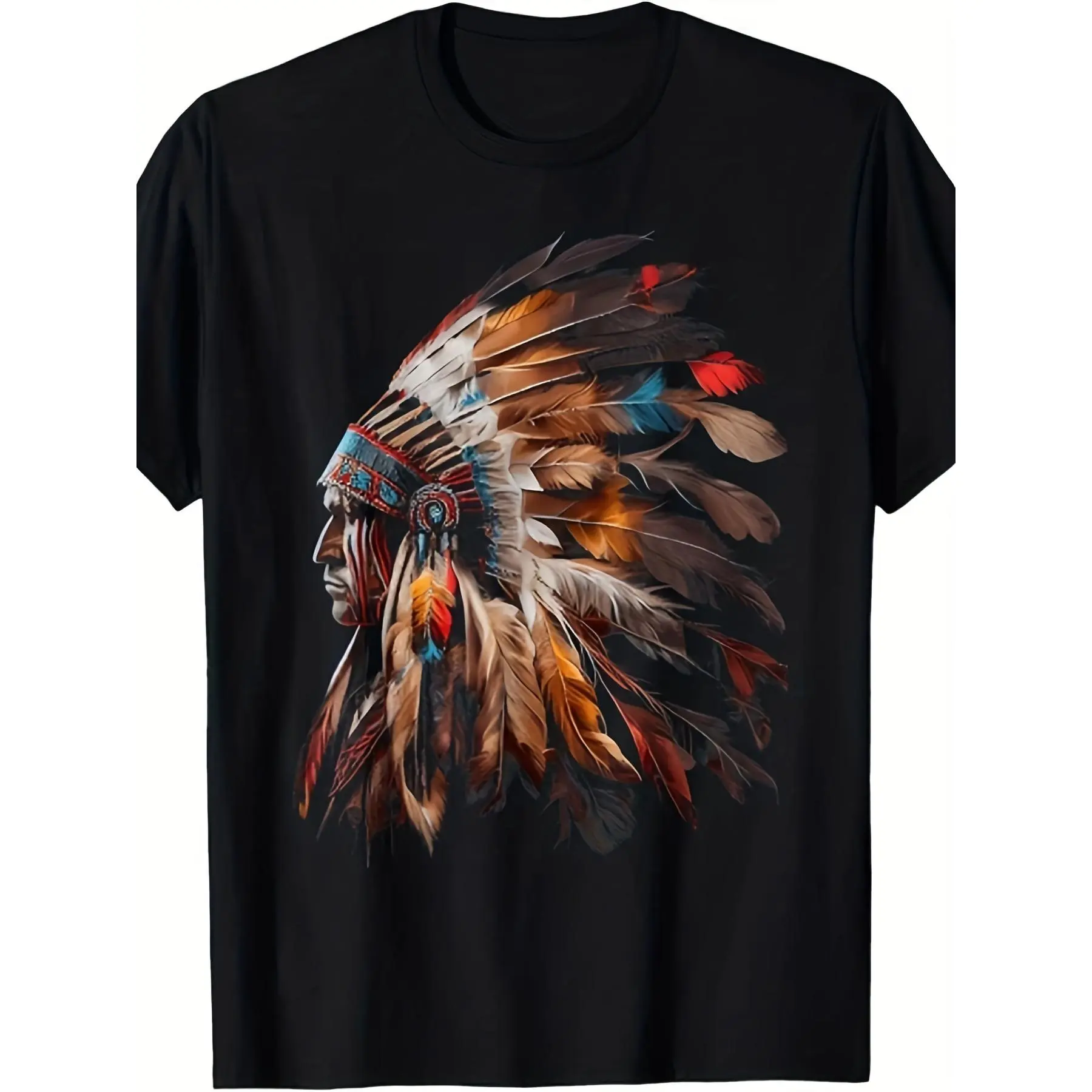 Men's Native Headdress Graphic T-Shirt - Vintage Indian Chief & Print, Breathable Casual & Training Tee,, Athletic Fit for all-Season