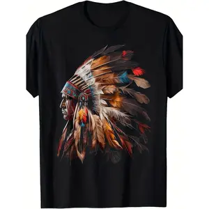 Men's Native Headdress Graphic T-Shirt - Vintage Indian Chief & Print, Breathable Casual & Training Tee,, Athletic Fit for all-Season