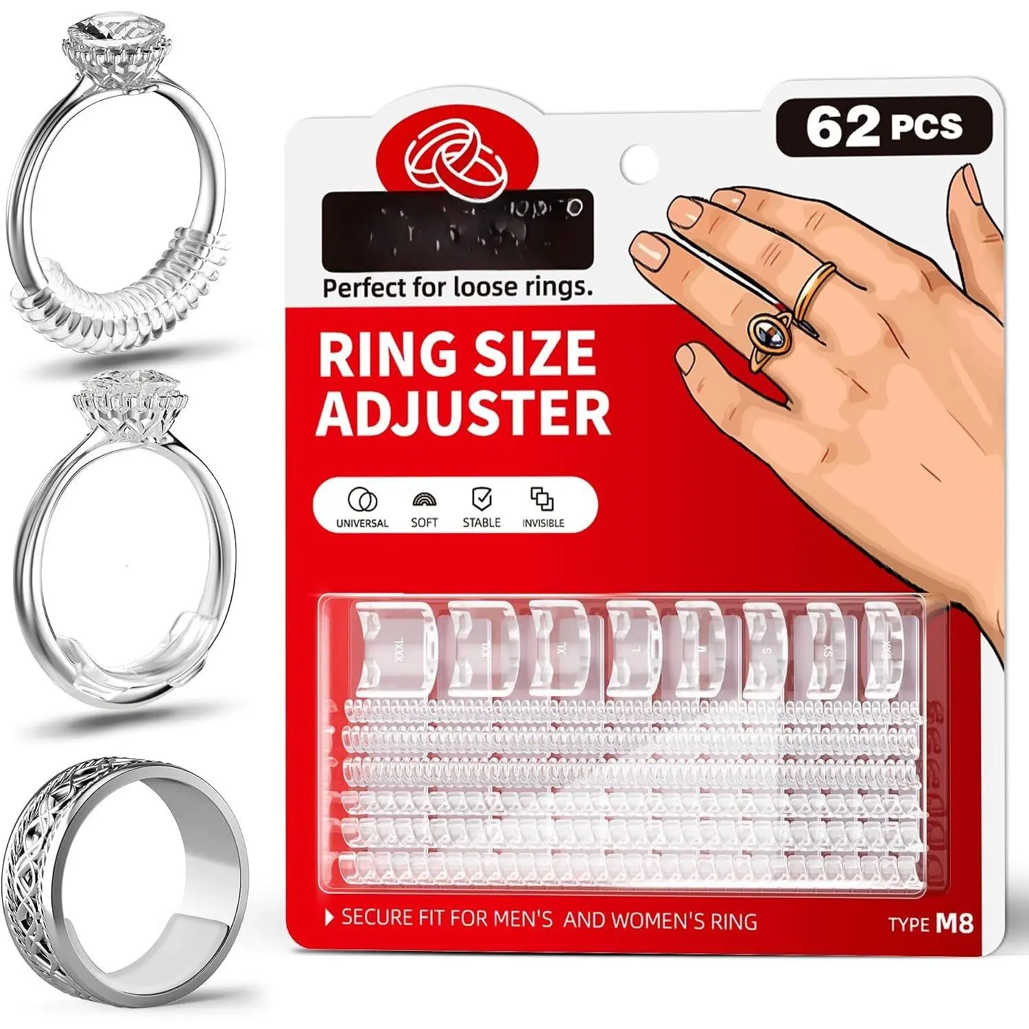 Ring Sizer Adjuster for Loose Rings - 62 count Set with 3 Styles (Ring Spacers, Spiral, Sticker), Fits Ring Widths 1-10mm, Invisible Design for Women & Men