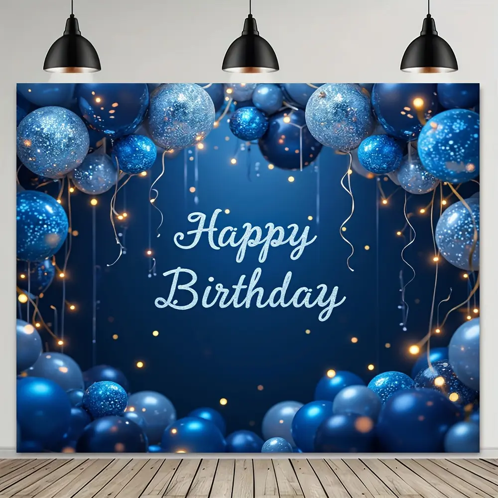 Elegant Blue & Silver Happy Birthday Backdrop, Men/Boys Birthday Party Banner, Celebration Wall Decor Tapestry, Event Photography Prop