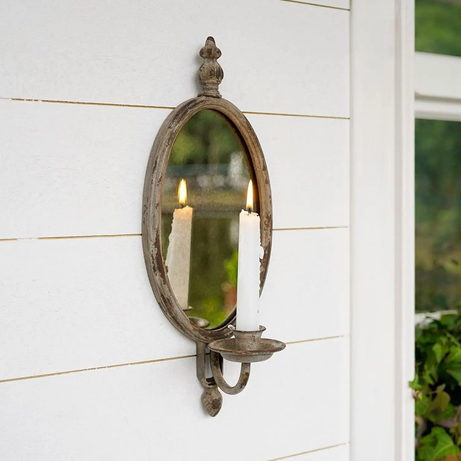 Antique Metal Candle Sconces Candlestick Holder Wall Mounted Distressed with Oval Faded-Looking Mirror