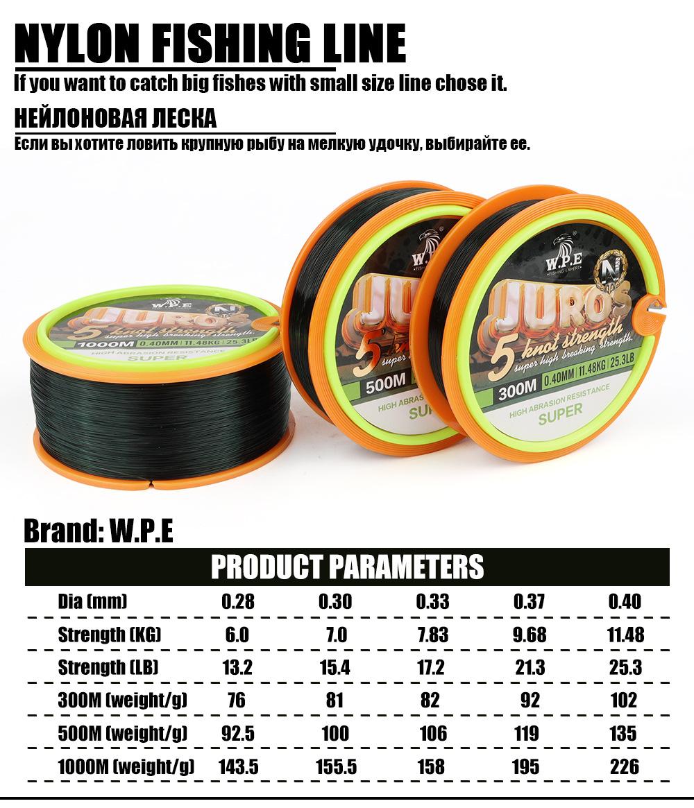 W.P.E Nylon Monofilament Fishing Line, Japanese Mono, Smooth High Strength Main Line 300m 500m 1000m