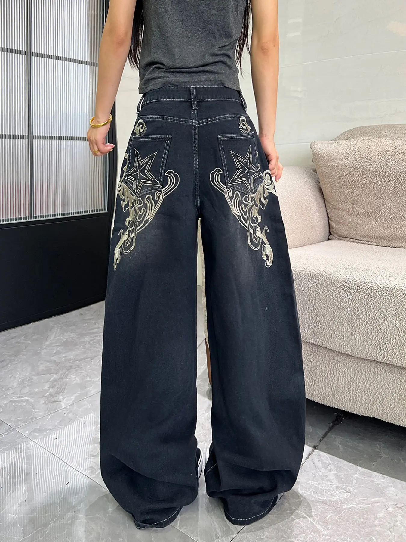 Women's Vintage Washed Heavy Star Embroidery Loose Jeans, Y2K Street Fashion High Waist Slim Straight Leg Pants, No Belt Included