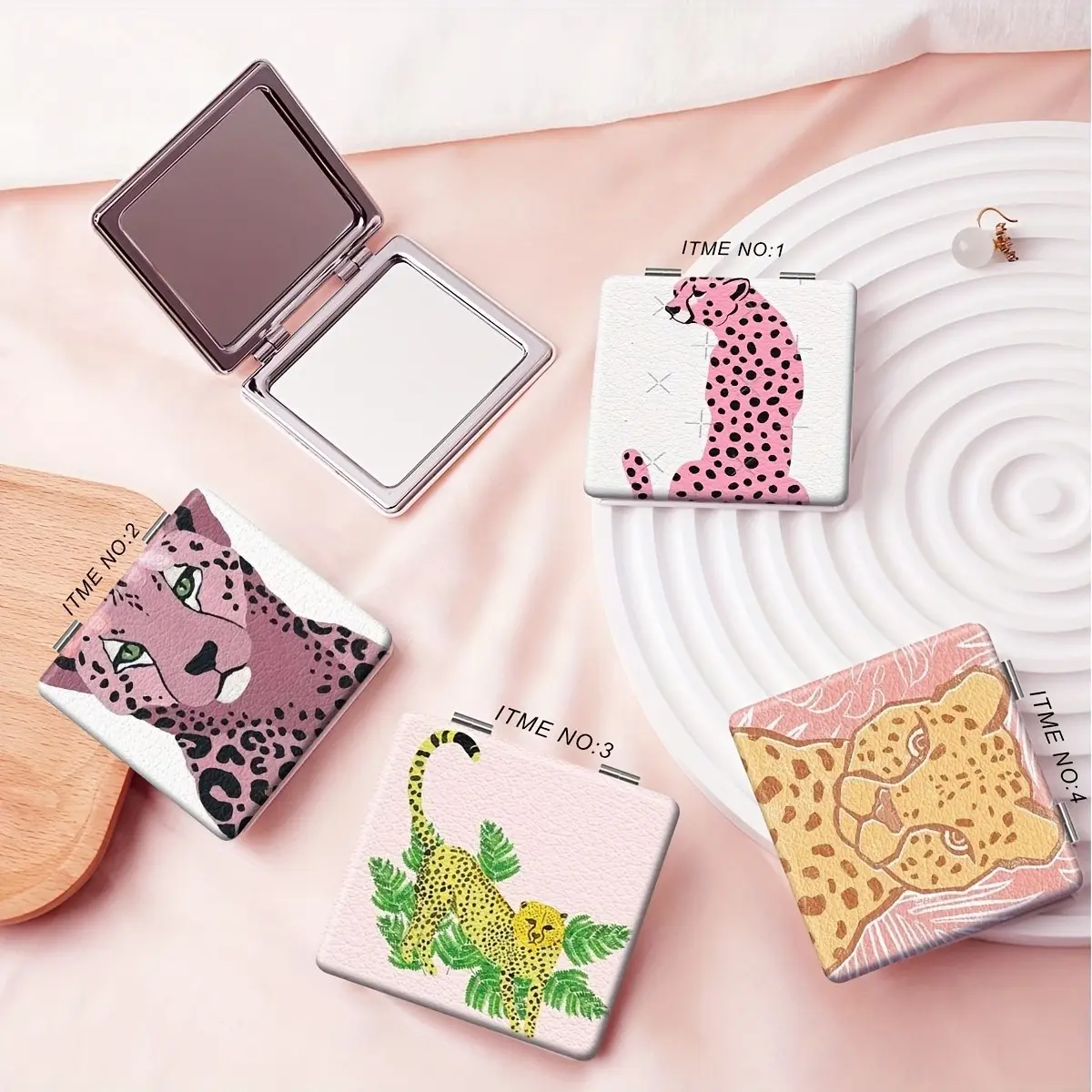 compact pocket mirror, double sided makeup mirror, leopard cheetah print mirror, animal pattern cosmetic mirror, y2k aesthetic gift, portable travel hand mirror