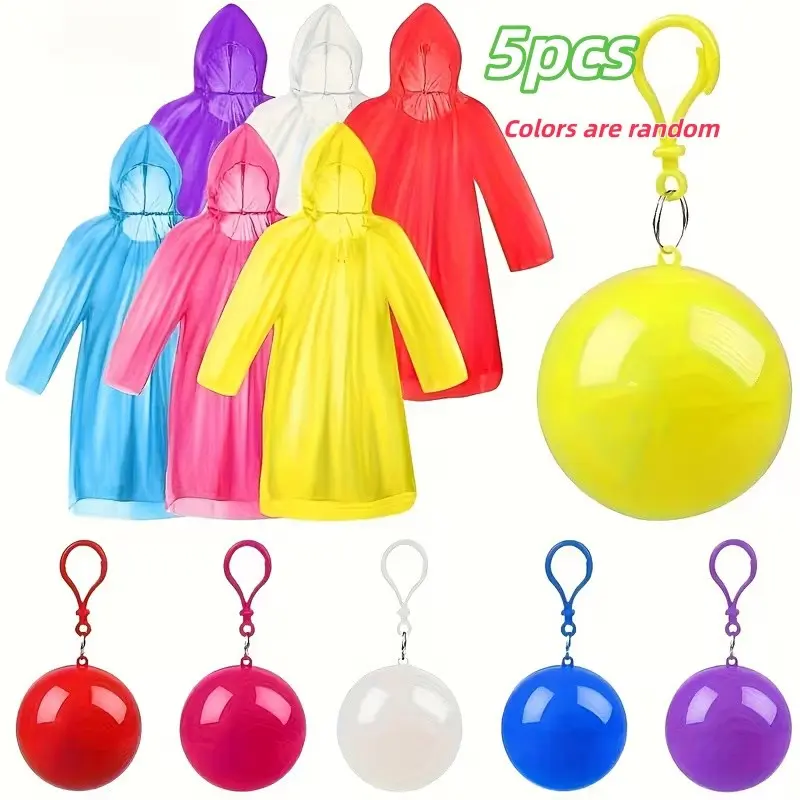 5-Pack Mixed Color Emergency Waterproof Adult Raincoats, Keychain Ball Included, Ideal for Camping, Outdoor Activities, Hiking, Sports, Amusement Parks