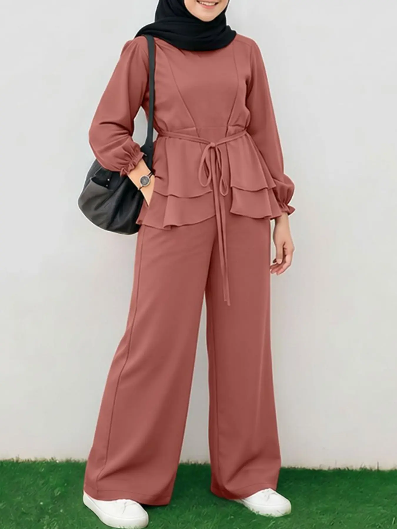 Women's Muslim Casual Commute Street Fashion Long Sleeve Ruffle Dress + Pants Matching Set, Two Piece Set Women, Plain Surface, Unlined, Lightweight (88.2g/m²) Outfit Sets Women Clothing