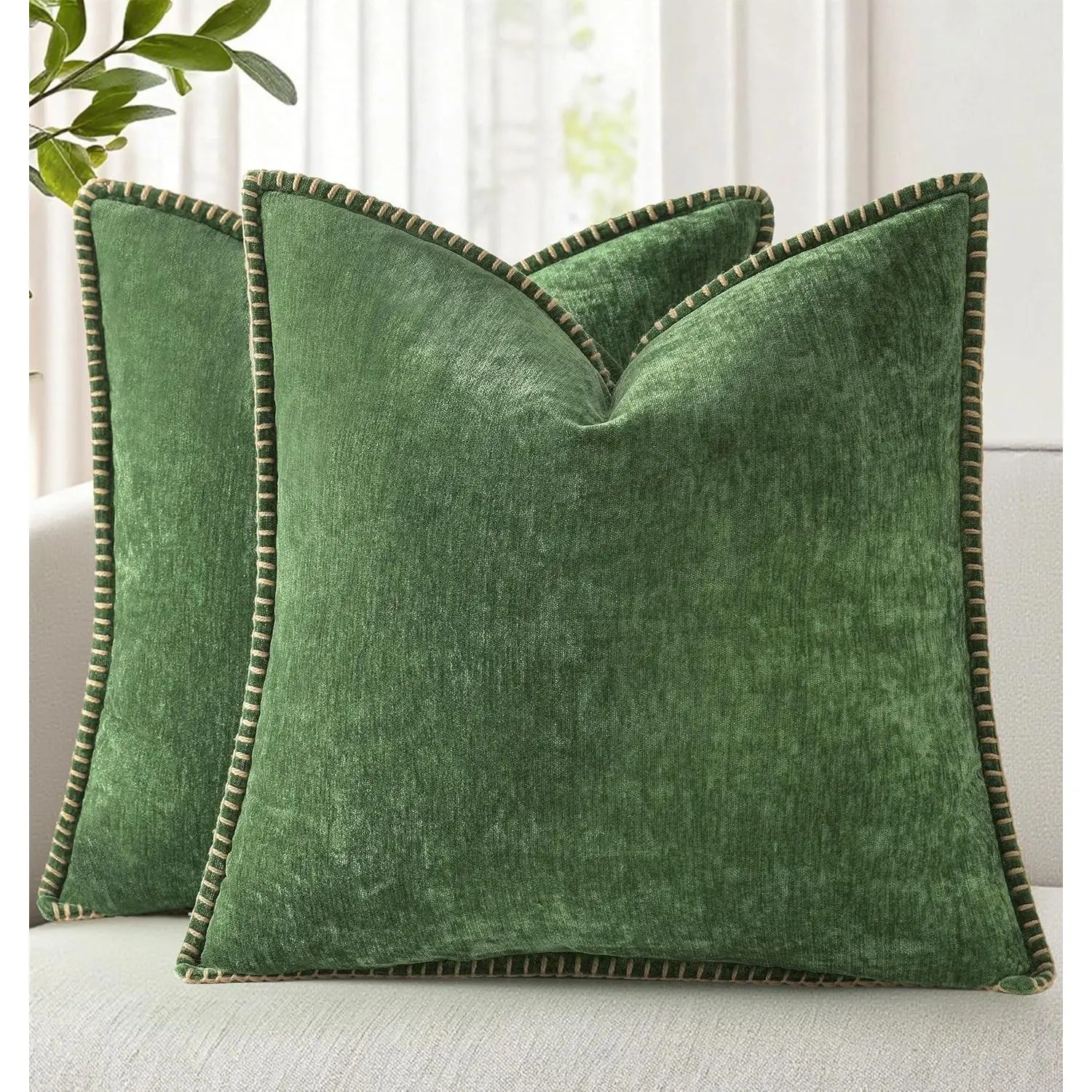 Chenille Soft Cozy Throw Pillow Covers 18x18 Set of 2, Modern Farmhouse Boho Velvet Decorative Pillow Cases with Stitched Edge for Couch Sofa Bed Home Decor, Forest Green