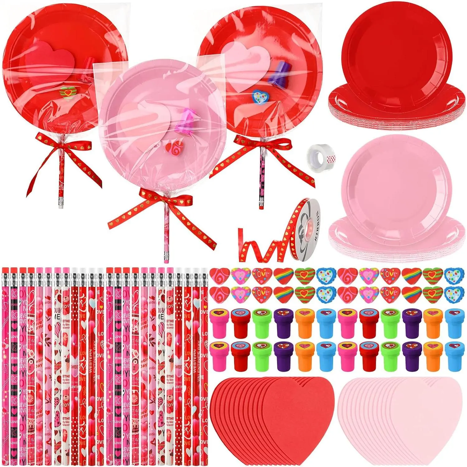 222 count Valentines Giant  Kit Valentine Day Goodies Bag Valentines  Set Valentine Party Favor Stationery, Pencil Sticker Note Eraser Stamper Paper Bowl for Classroom Class School