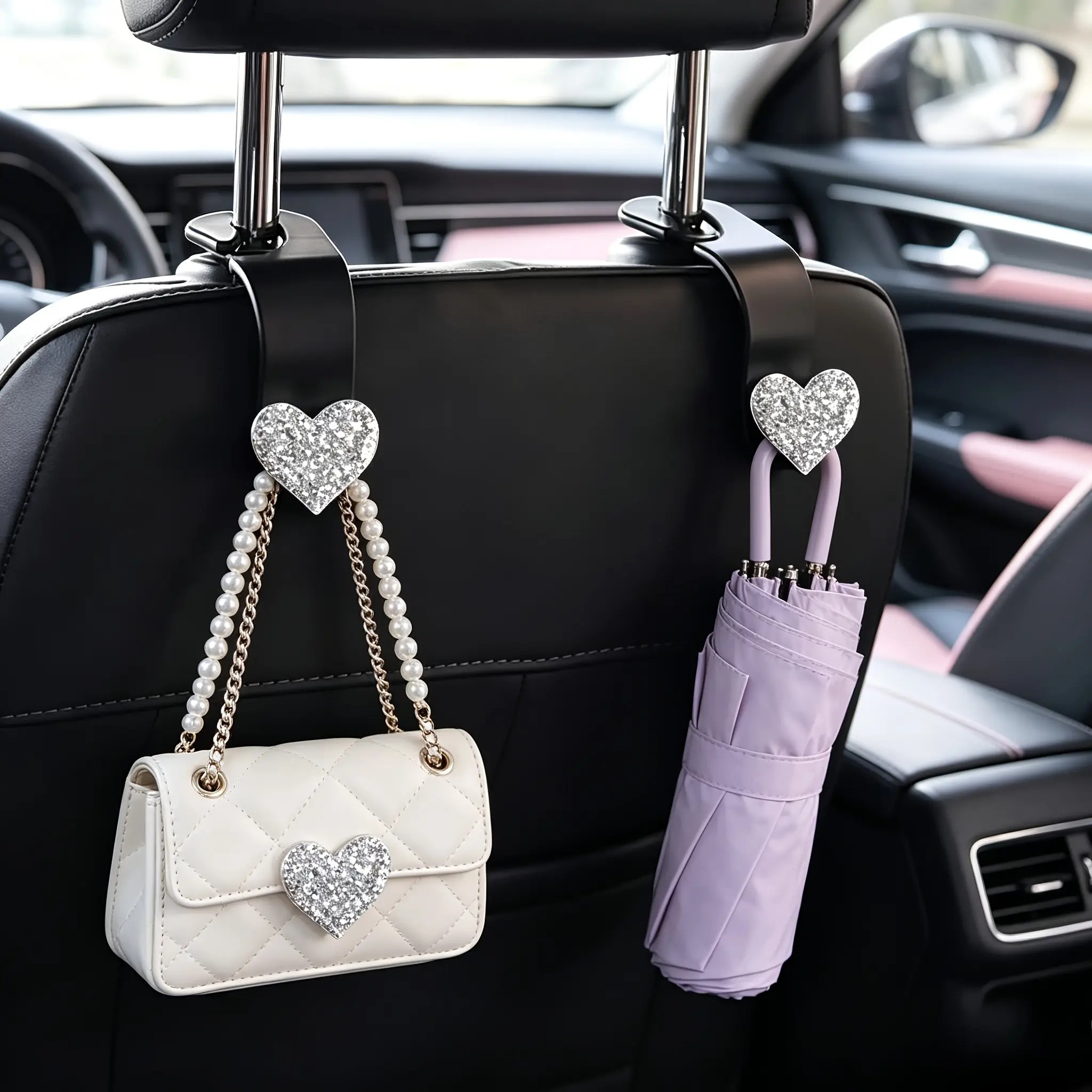 Women's Rhinestone Heart Car Headrest Hooks (2PCS) - Bling Purse Holder, Car Accessories, Seat Back Storage for Handbags, Shopping Bags