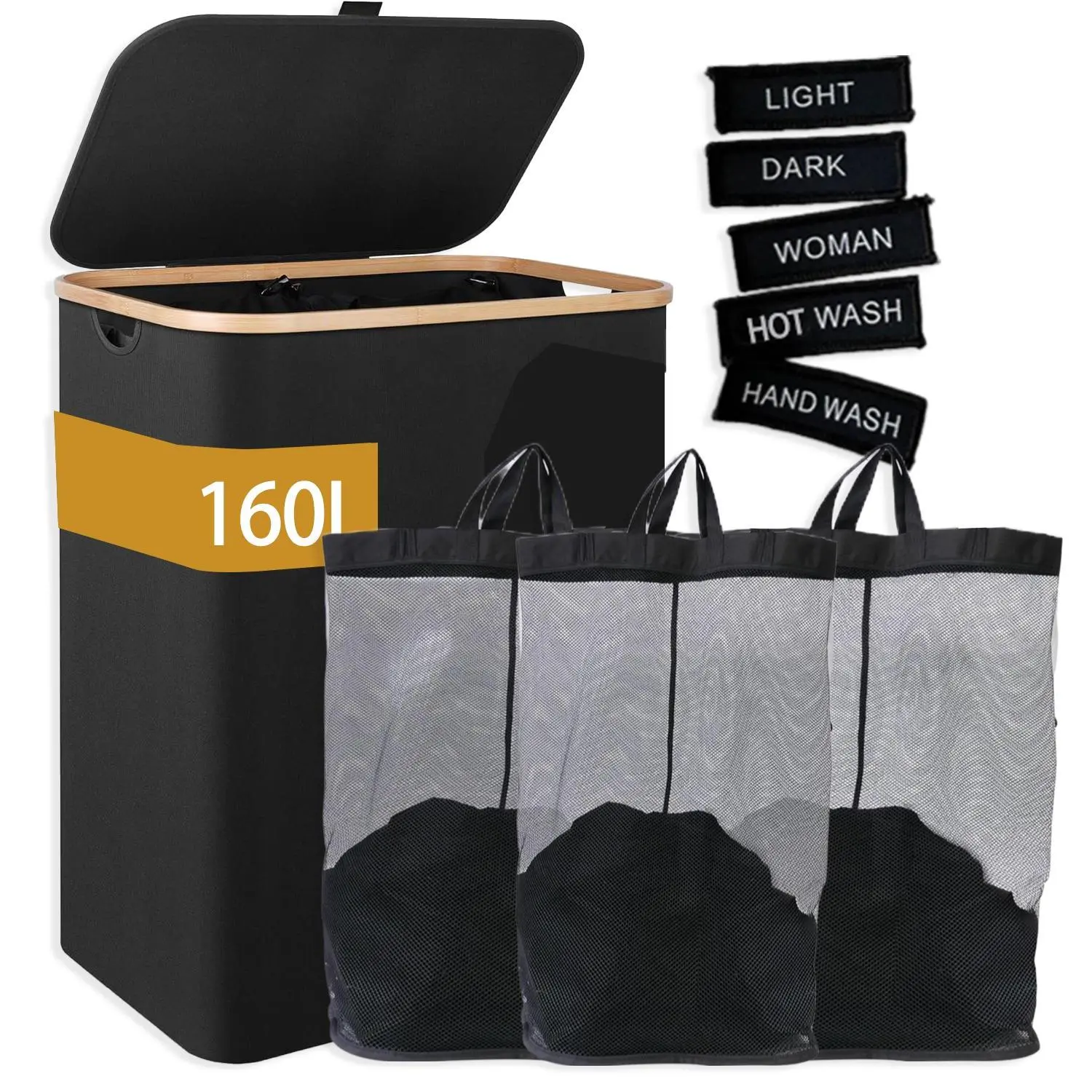 Laundry Hamper with Lid, Tall Laundry Baskets with Bamboo Pull Handles, Large Laundry Bin with Internal Support