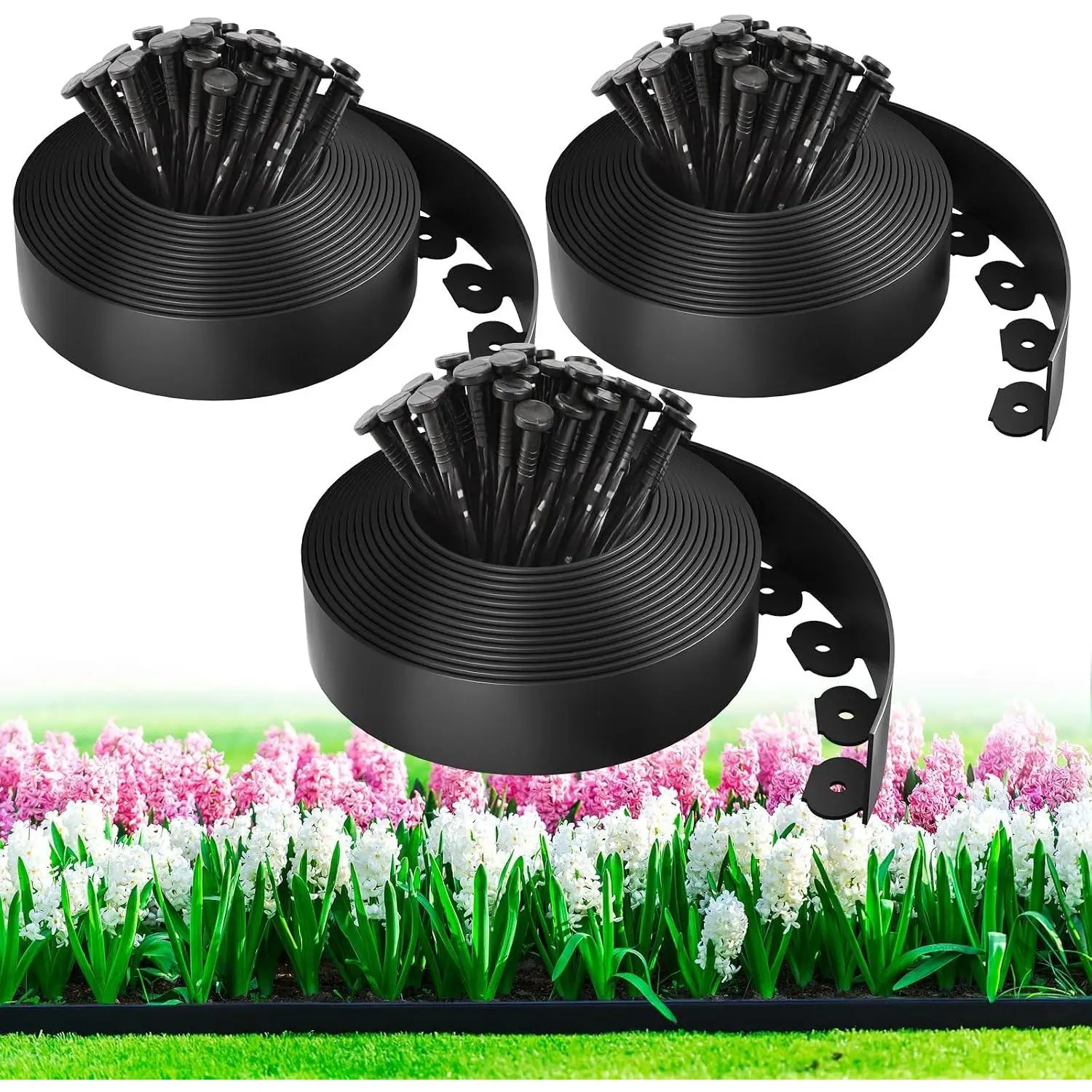 100ft Landscape Edging Kit with 150 Spikes, Not Digging Flexible Plastic Edge Border for Landscaping, Lawn, Garden, Flower Beds, Yard, Paver, Playground, Pathway,3pack, 33ft Each,1.5in high