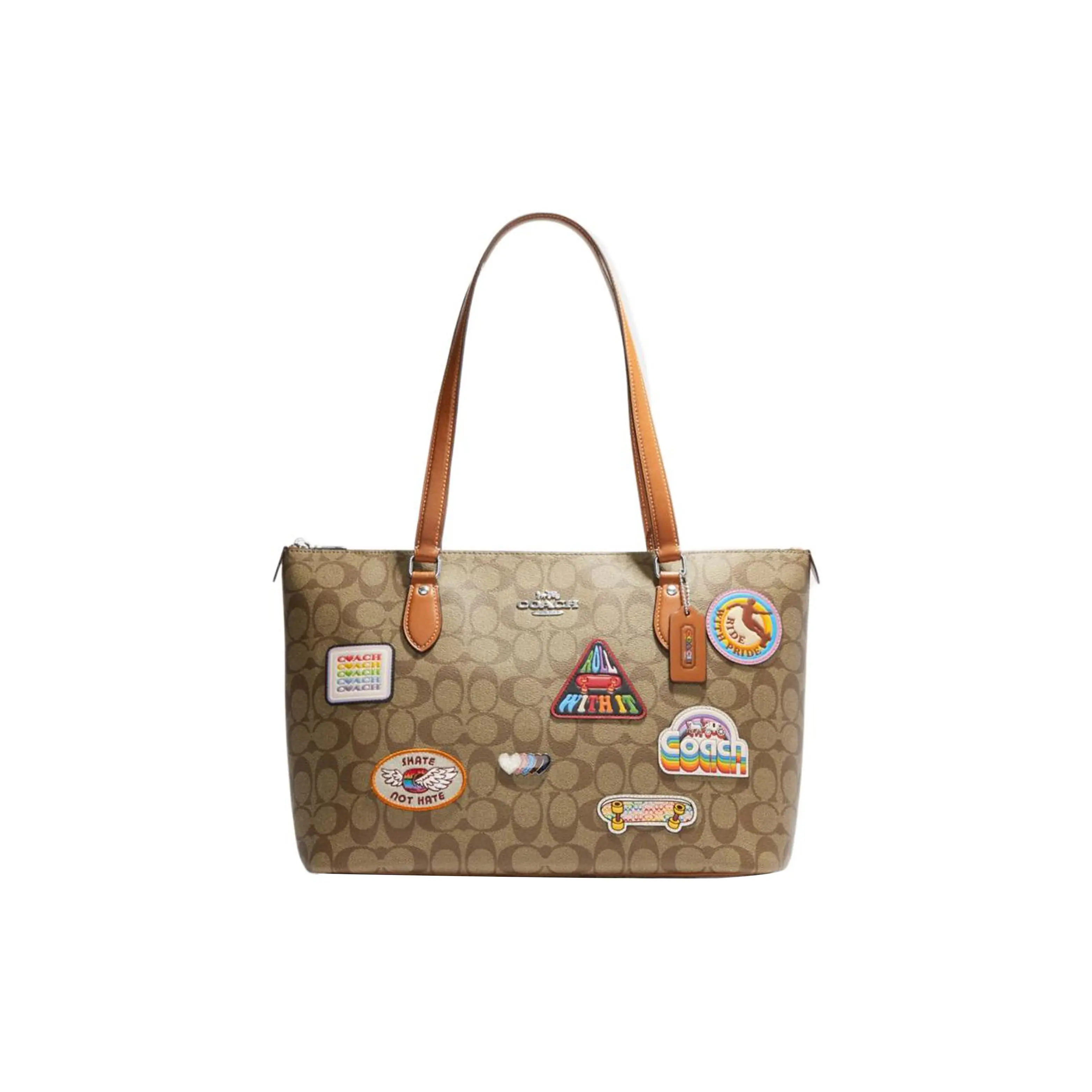 COACH Gallery Tote 37 Silver Logo Embroidered Leather Tote Bag for Women, Classic Style in Brown