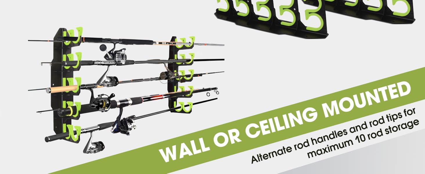 Fishing Rod Holders, Fishing Pole Holders for Garage, Wall or Ceiling Mounted Fishing Rod Rack Holds Up to 10 Rods(2 Pack)