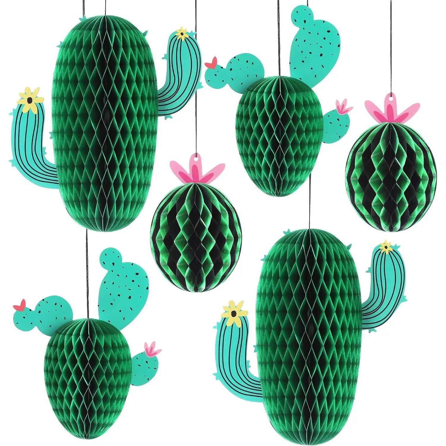 Hanging Cactus Centerpieces, Pack of 6 | Cactus Honeycomb Party Decorations for Fiesta, Classroom, Desert & Mexican PartiesGift