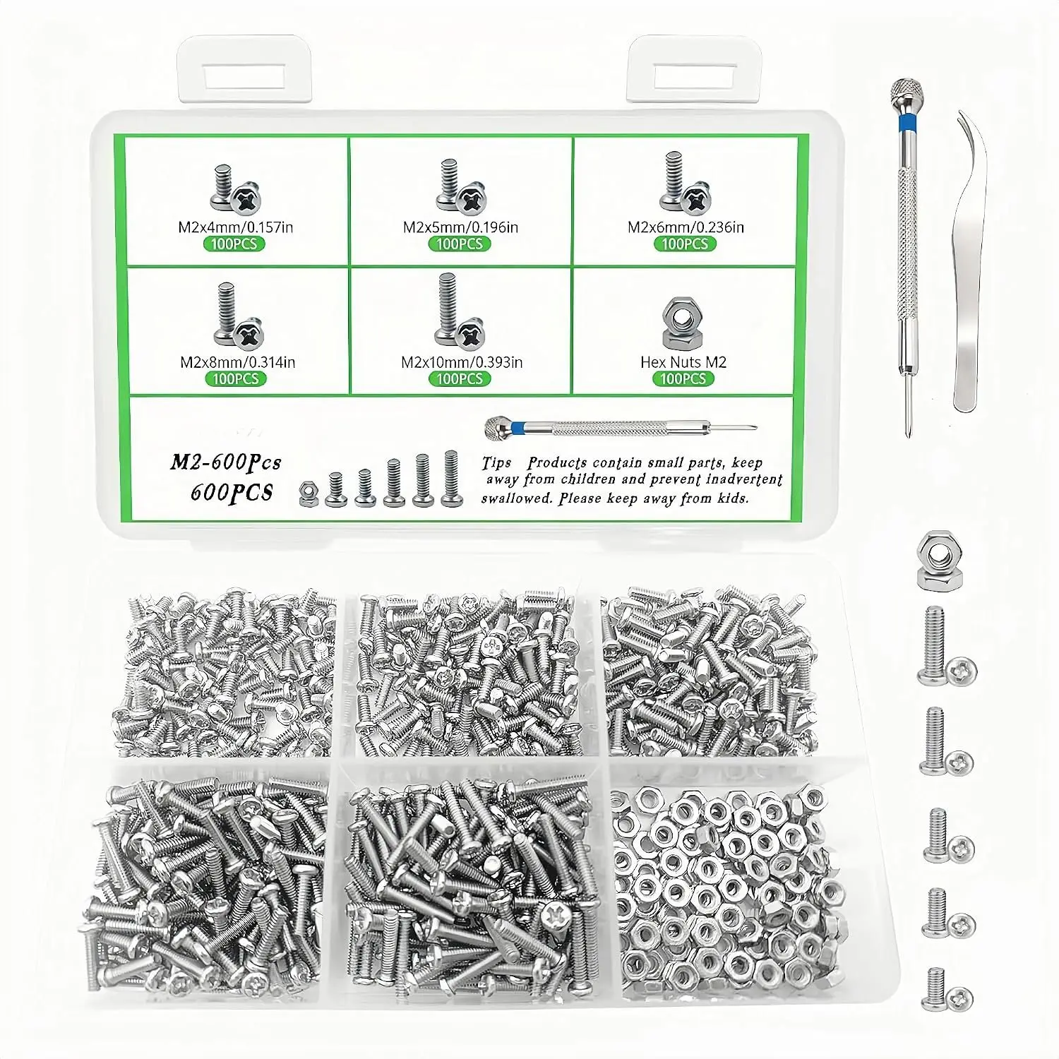 600 count M2.0 x 4mm / 5mm / 6mm / 8mm / 10mm Metric  Screws Nuts  Kit, Phillips Pan ,  Machine Screws  for Watch Repair, Electronics, RC Drones, Arduino, DIY Projects