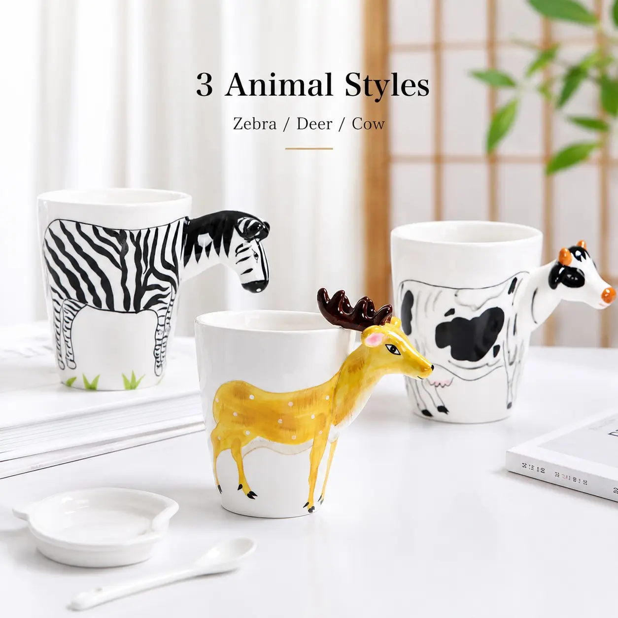 450ML Creative 3D Animal Handle Ceramic Mug, Zebra Deer Cow Pattern, Coffee Milk Tea Cup, Cute Animal Water Cup, Office Home Gift, Coffee Mugs