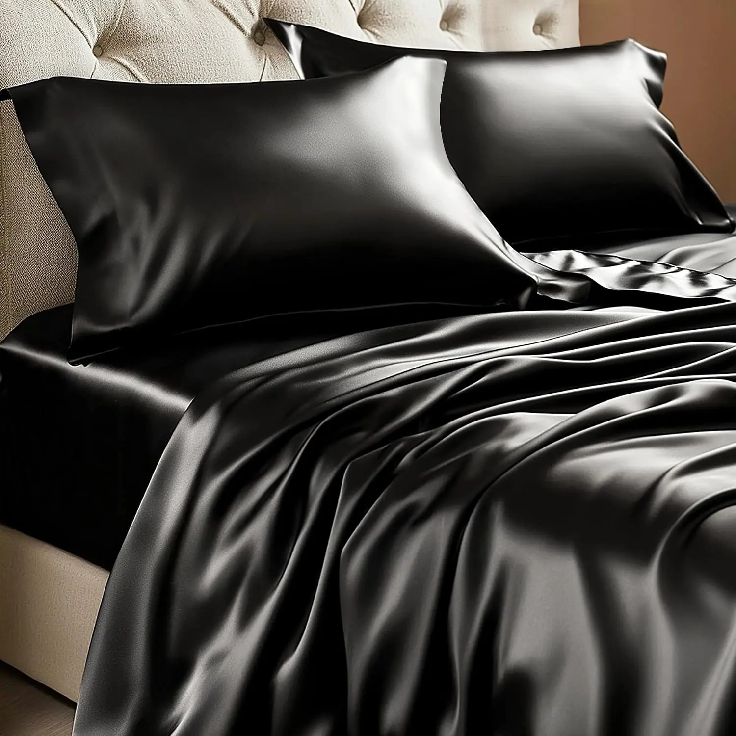 King Size Sheets Set, Luxury Soft Black Satin Sheets for Hair and Skin, Similar to Silk Bed Sheets Set 4 Pieces with 1 Deep Pocket Fitted Sheet, 1 Flat Sheet, and 2 Pillowcases