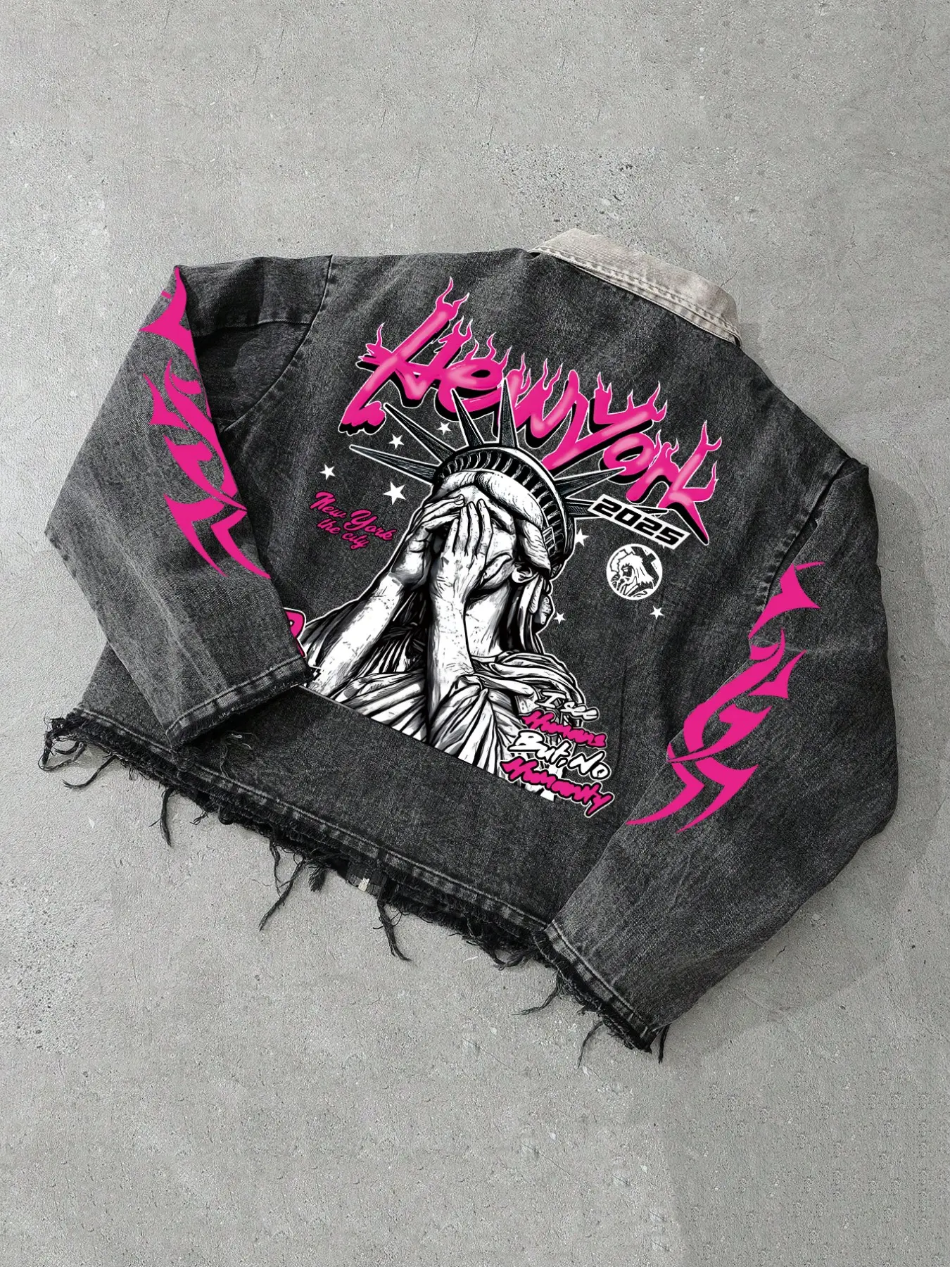 Gen Z Hip Hop Streetwear Jean Jacket Black Distressed Washed Multi‑Pockets Zip Front Bold Graphic Back & Sleeve Prints Raw Hem Cropped Fit Edgy Urban Outerwear for Teens Men Casual Street OOTD