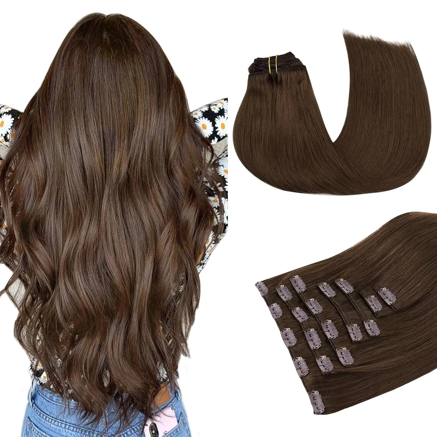 MAXITA Clip in Hair Extensions Real Human Hair, hair extensions clip ins| Full Hair Look Adding Lenth & Volume Straight Remy,Daily,Wedding,Chocolate Brown,16 Inch 120g 7PCS