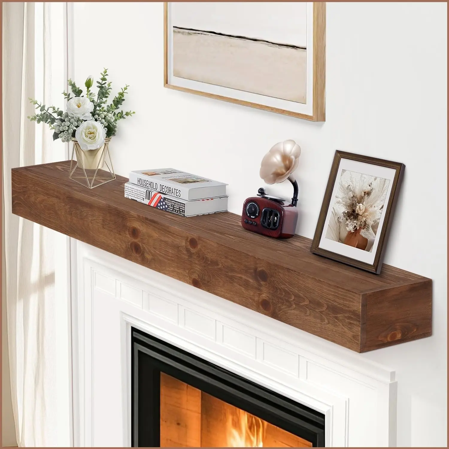 Fireplace Mantel 60inch - Solid Wood Mantel Shelf Handcrafted Rustic | Floating Mantle Shelves Decor for Wall, Bedroom, TV, Books, Livingroom(DarkWalnut)