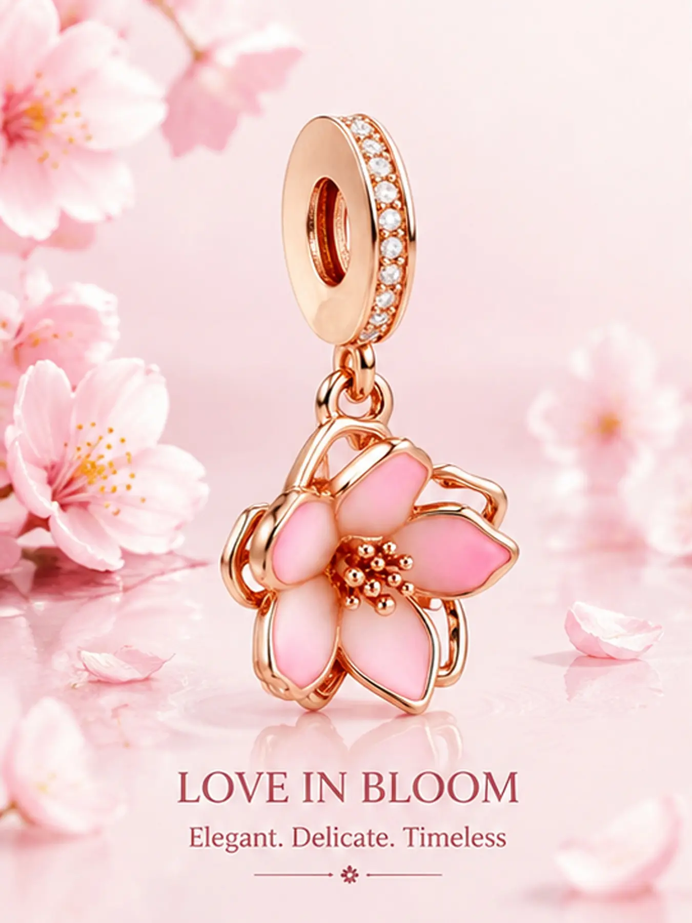 High-Quality Silver-Plated Rose Gold Cherry Blossom Pendant, Charms, DIY Jewelry Making Kit, Unique Minimalist Design, Perfect for Bracelets and Necklaces