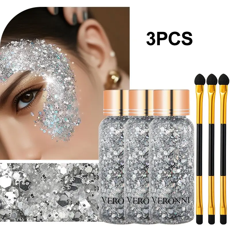 3-Piece Shimmer Eyeshadow Set with Silver Color Glitter, Includes 3 Dual-Ended Gold Handle Brushes, Perfect for Stage, Parties, Beginners