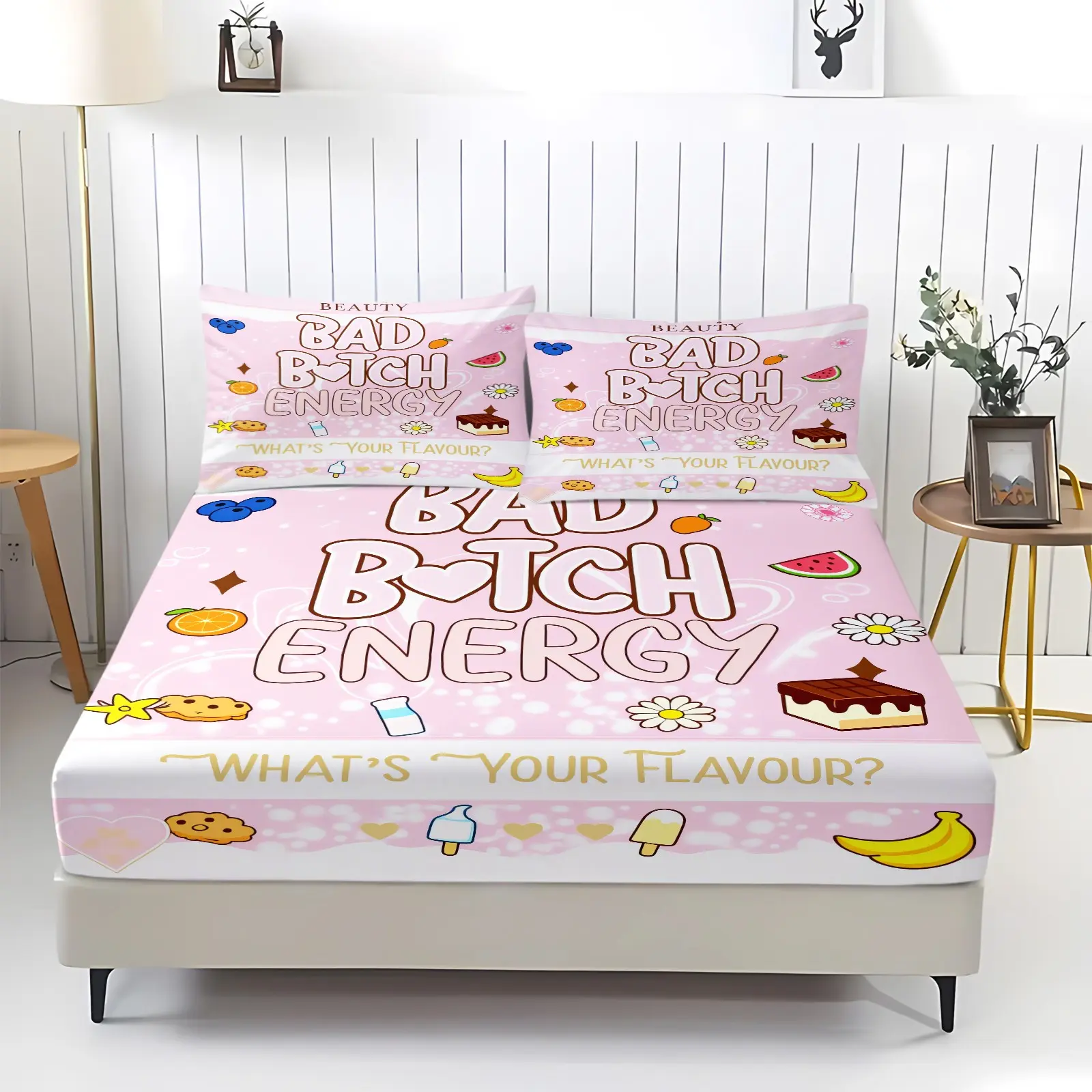 Light Pink Polka Dot Background Cute Cartoon Fruit Print 3‑Piece Fitted Sheet Set, No Filling Included, Polyester Bedding Set, Cute Sheets, Playful Y2K Girly Vibe Decor for Trend Teen Master Bedroom, Pastel Snack Fruit Glam Suite