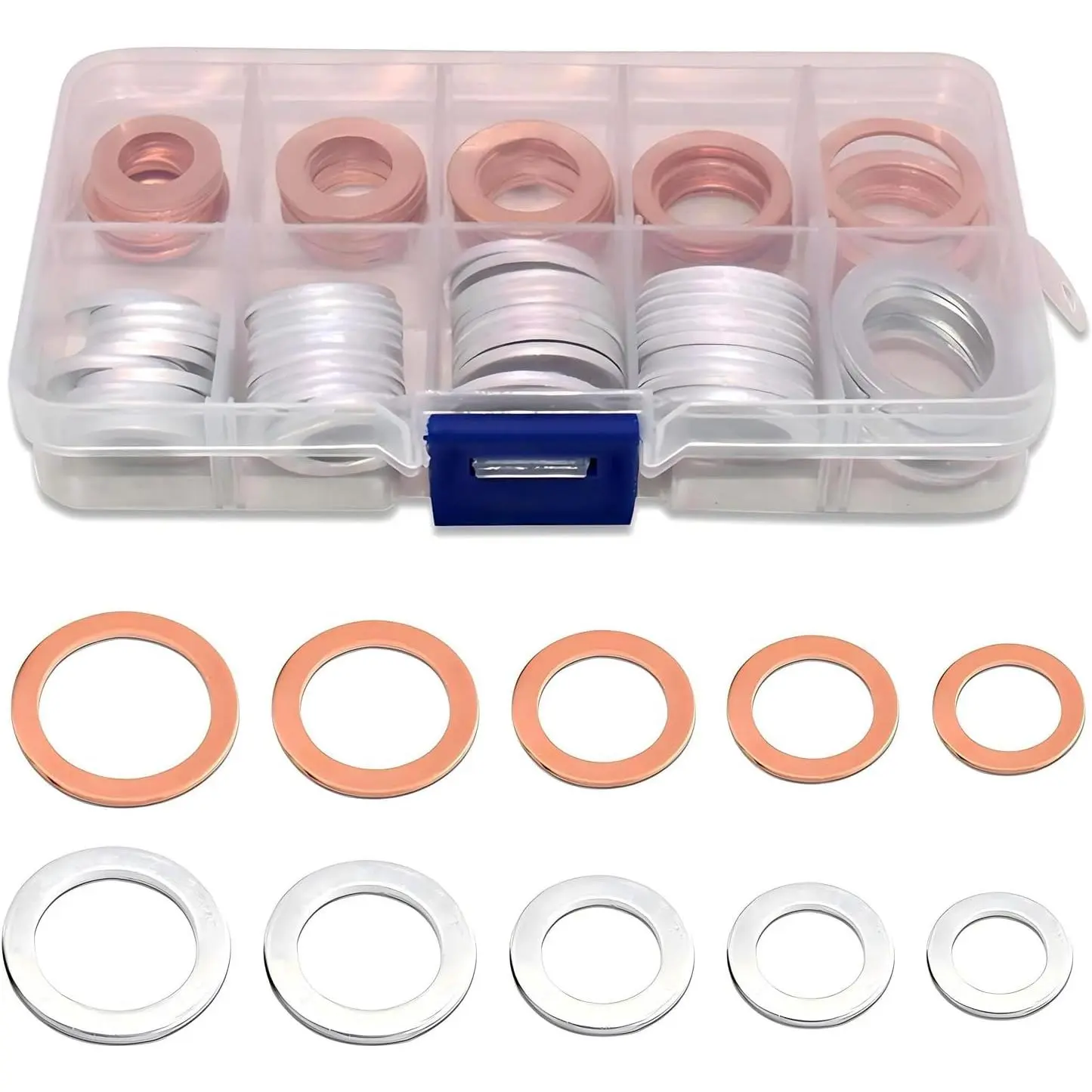 100 count Oil Drain Plug Gasket, Heat Resistant Copper Crush Washer Oil Sealing Gaskets with Storage Case, Flat Ring Drain Plug Crush Washer Seals Kit,  for