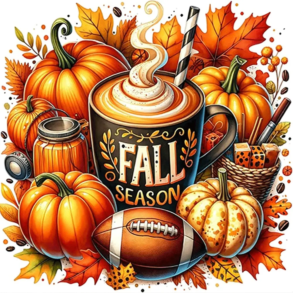 1PC,2D Fall Season Diamond Painting Kit with Pumpkins Maple Leaves Coffee Cup Football DIY Craft for Home Decor Autumn Themed Rhinestone Embroidery Art Supplies for Adults Kids Handmade Wall Decoration Gift