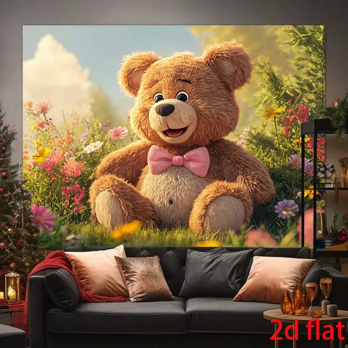 2D flat, 1 cute and friendly teddy bear in 2D flat, oversized background banner, party banner, background party supplies wall, very suitable for party background environment celebration and birthday anniversary decoration, easy to hang tc