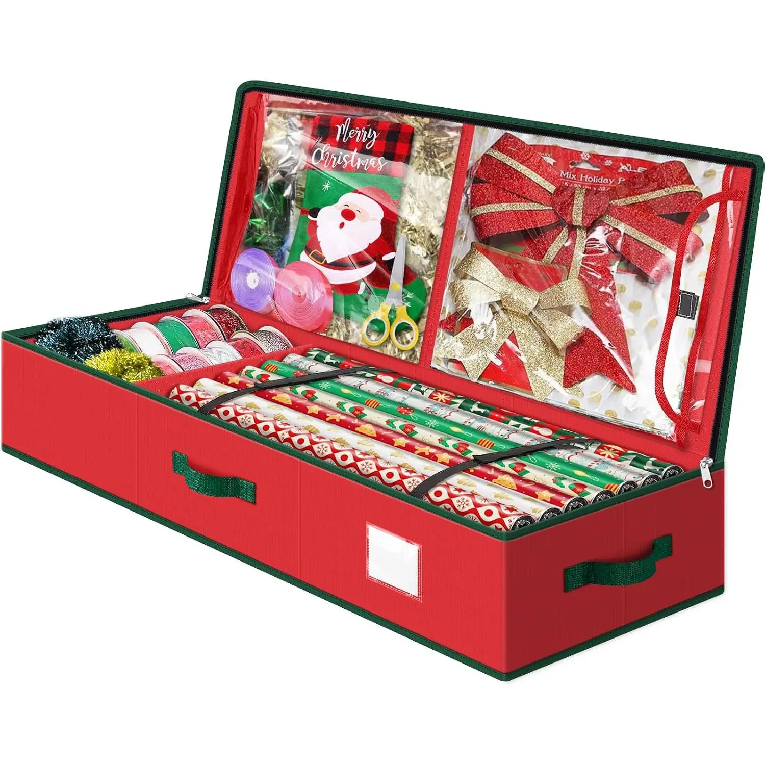 Christmas Wrapping Paper Storage Containers, 40 Inch  Wrap Organizer, Visible Supplies Pockets for Xmas Accessories, Underbed Storage for Christmas Decorations, Red