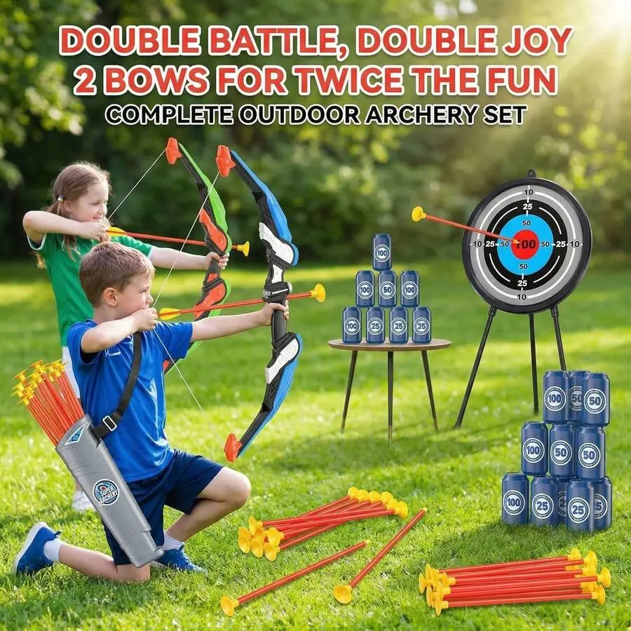 Archery Sport 2-Pack Bow Arrows Pack, Outdoor Archery Set with Standing Target, Suction Cup Arrows, Includes Quiver & Shooting Cans