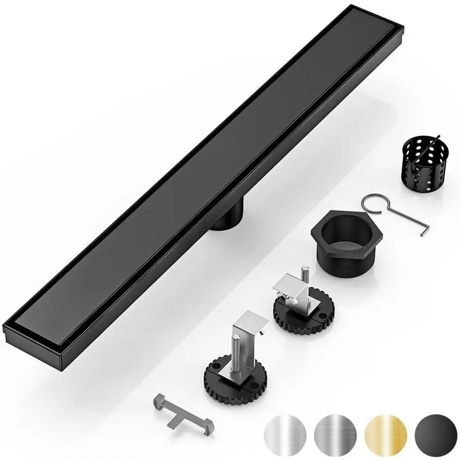 DLONE 24 Inch Matte Black Linear Shower Drain, AISI 304 Stainless Steel Rectangle Floor Drain with Tile Insert Panels & Adjustable Feet, Fits Bathroom & Balcony