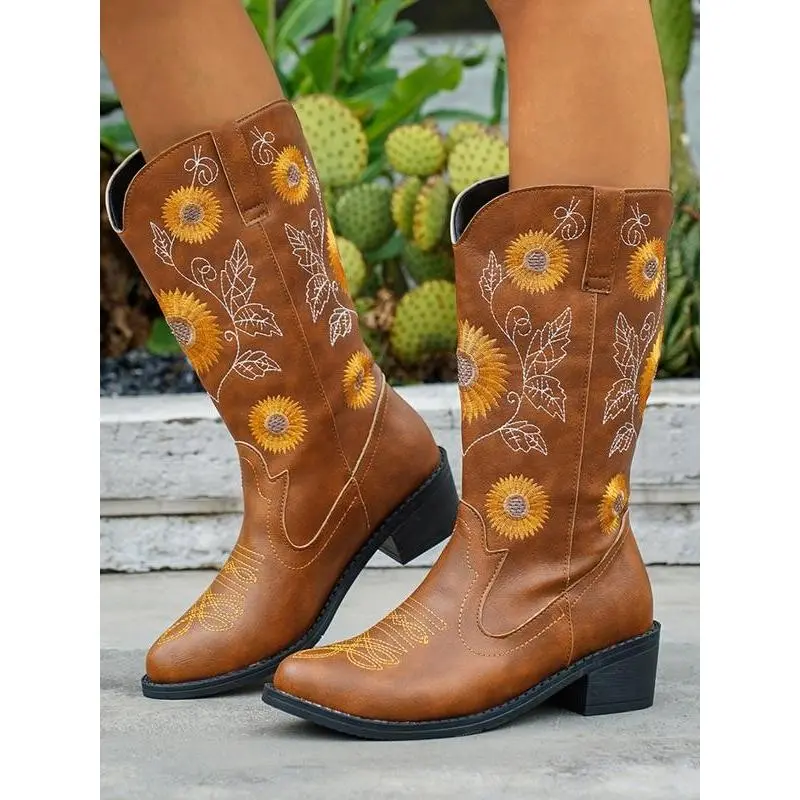 Women's Knee-High Western Sunflower Denim Boots, Floral Embroidery, Square Toe Vintage Design, Perfect for Country Music Festivals
