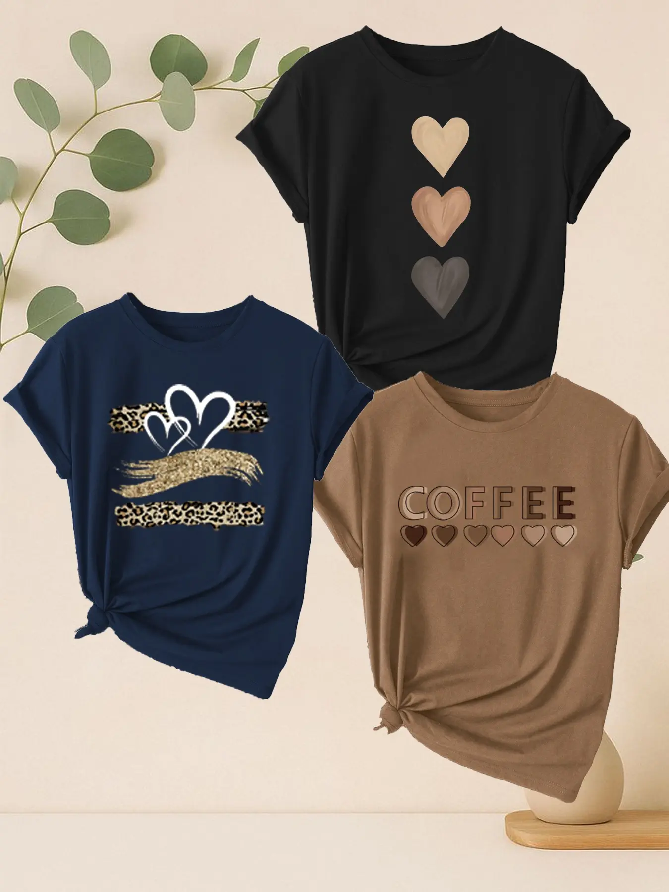 3-Pack Women's Heart & Leopard Print Round Neck Short Sleeve T-Shirts, Casual Sporty Fashion Tops, Soft Comfortable Fabric